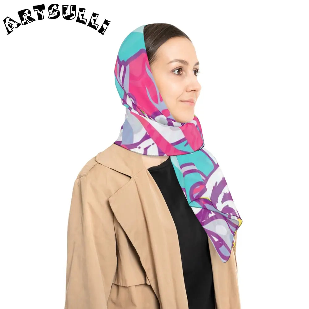 JAKKOUTTHEBXX Tropical Floral Tigers Torquise and Purple Poly Scarf