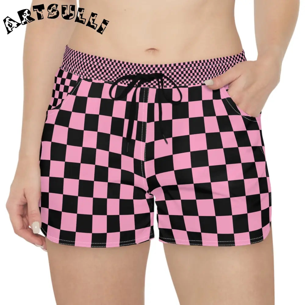 JAKKOUTTHEBXX Checkerboard Black and Pink Women’s Casual Shorts