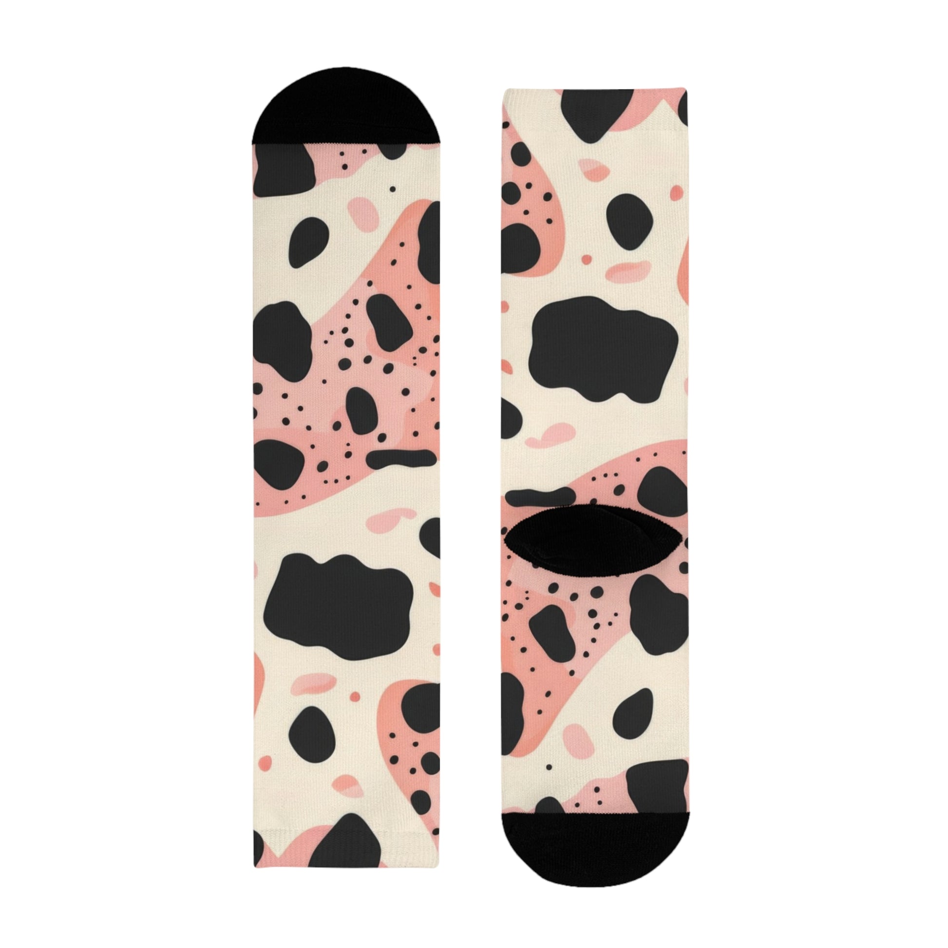 Organic Cow Print Cream and Pink Sublimation Crew Socks (EU), Artsulli - Art is Long, Life is Short, All Over Prints, Size, M, , , , , 85925961198888
