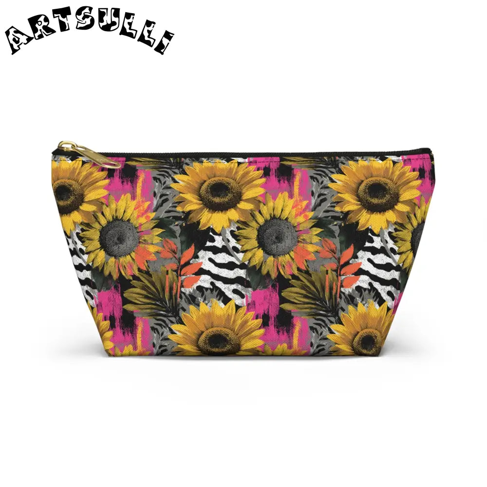 Zebra Stripes x Sunflowers II Multi-Color Accessory Pouch w T-bottom, Artsulli - Art is Long, Life is Short, Bags, Size, Small, Color, Black zipper, , , 26247356578887291610