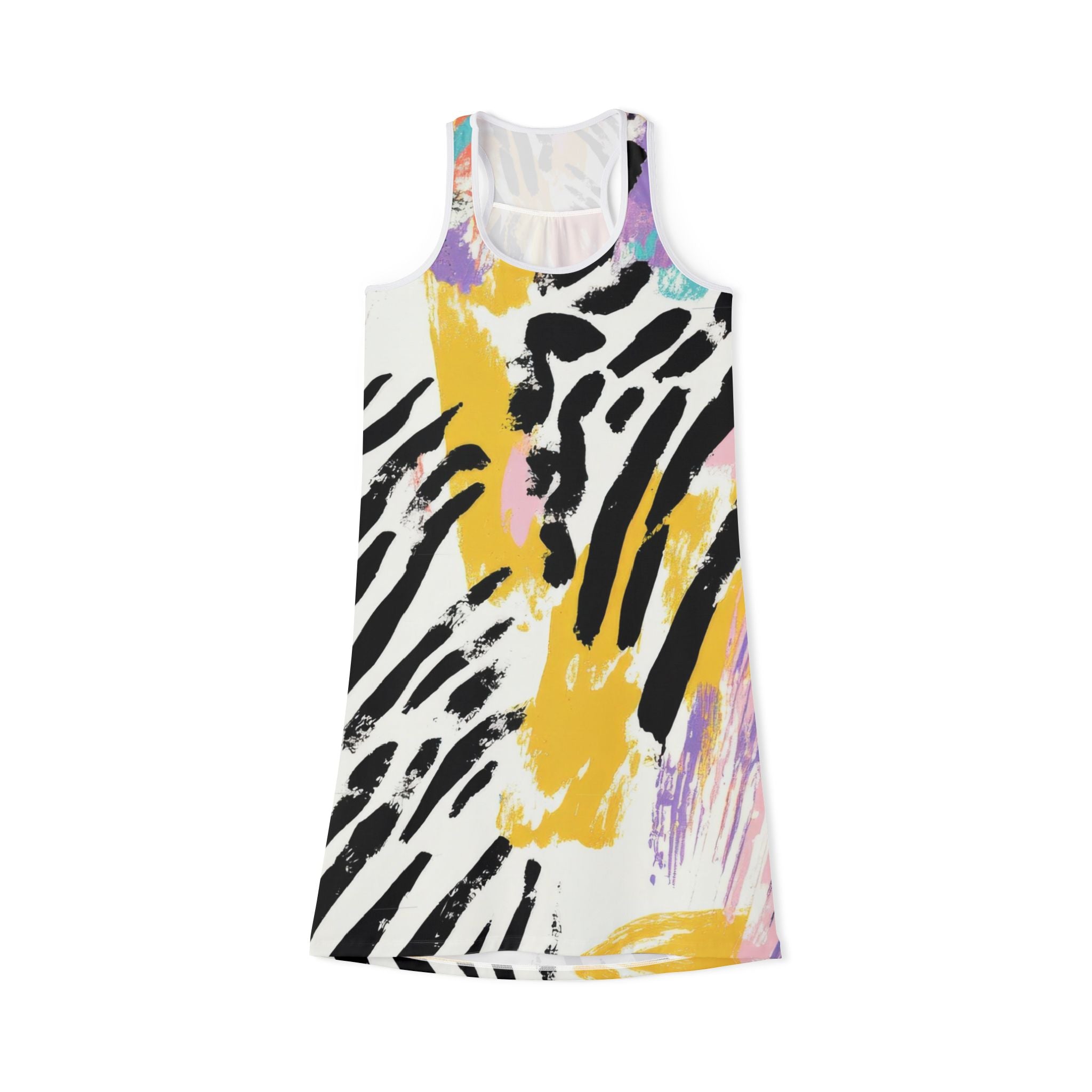 Wild Zebra Stripes x Paint Brush Strokes Multi-Color Women's Racerback Dress (AOP), Artsulli - Art is Long, Life is Short, Tank Top, Size, XS, Color, White, , , 16101943782144