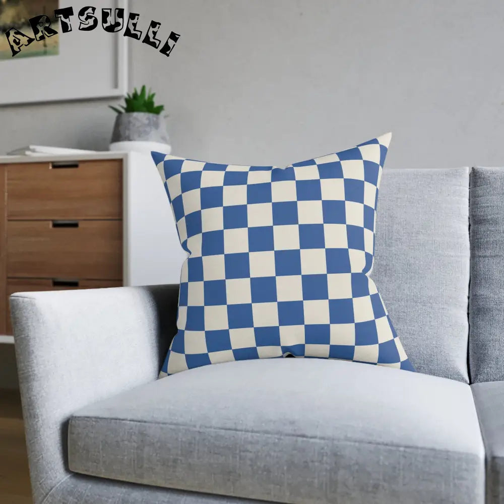 JAKKOUTTHEBXX Checkerboard Blue Square Pillow JAKKOUTTHEBXX Artsulli