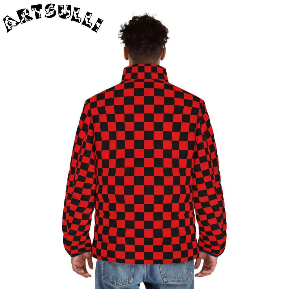 JAKKOUTTHEBXX Checkerboard Red and Black Men’s Puffer Jacket (AOP)