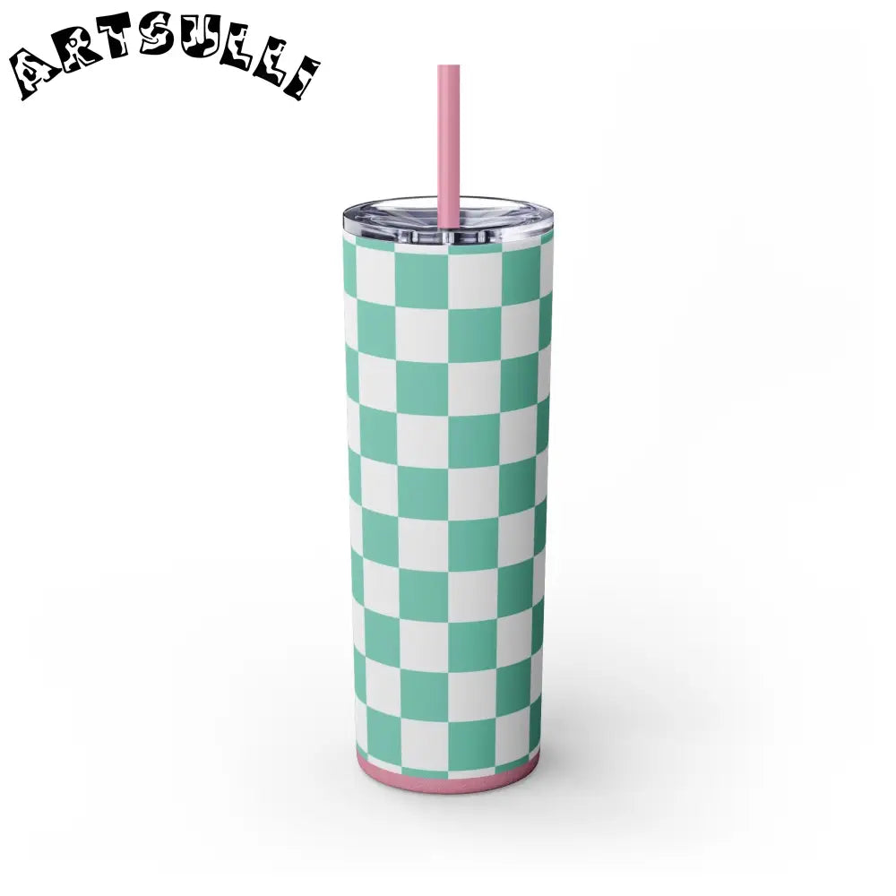 JAKKOUTTHEBXX Checkerboard Light Green Skinny Tumbler with Straw