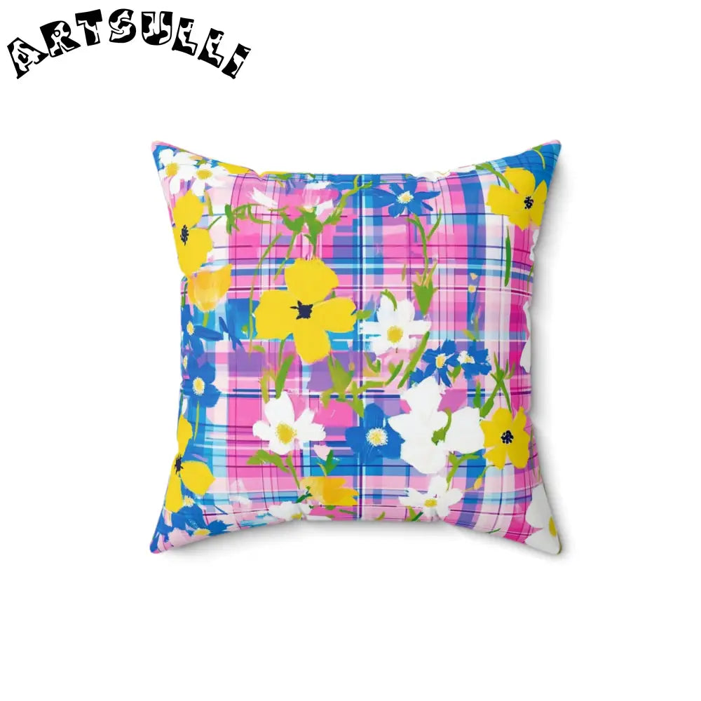 JAKKOUTTHEBXX Plaid Garden III Pink and Blue Spun Polyester Square