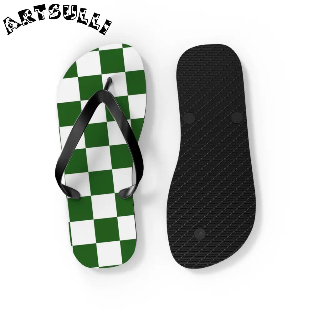 JAKKOUTTHEBXX Checkerboard White and Dark Green Flip Flops