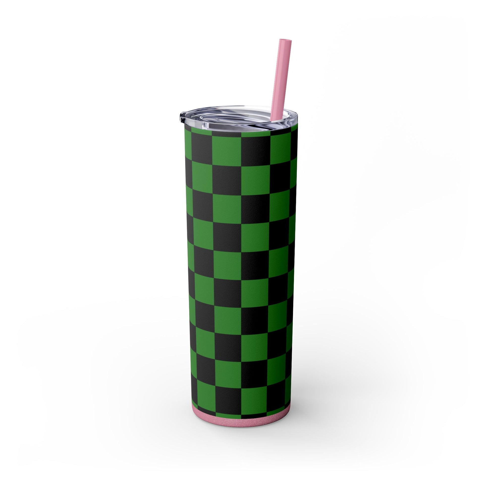 Checkerboard Green and Black Skinny Tumbler with Straw, 20oz, Artsulli - Art is Long, Life is Short, Mug, , , , , , , 
