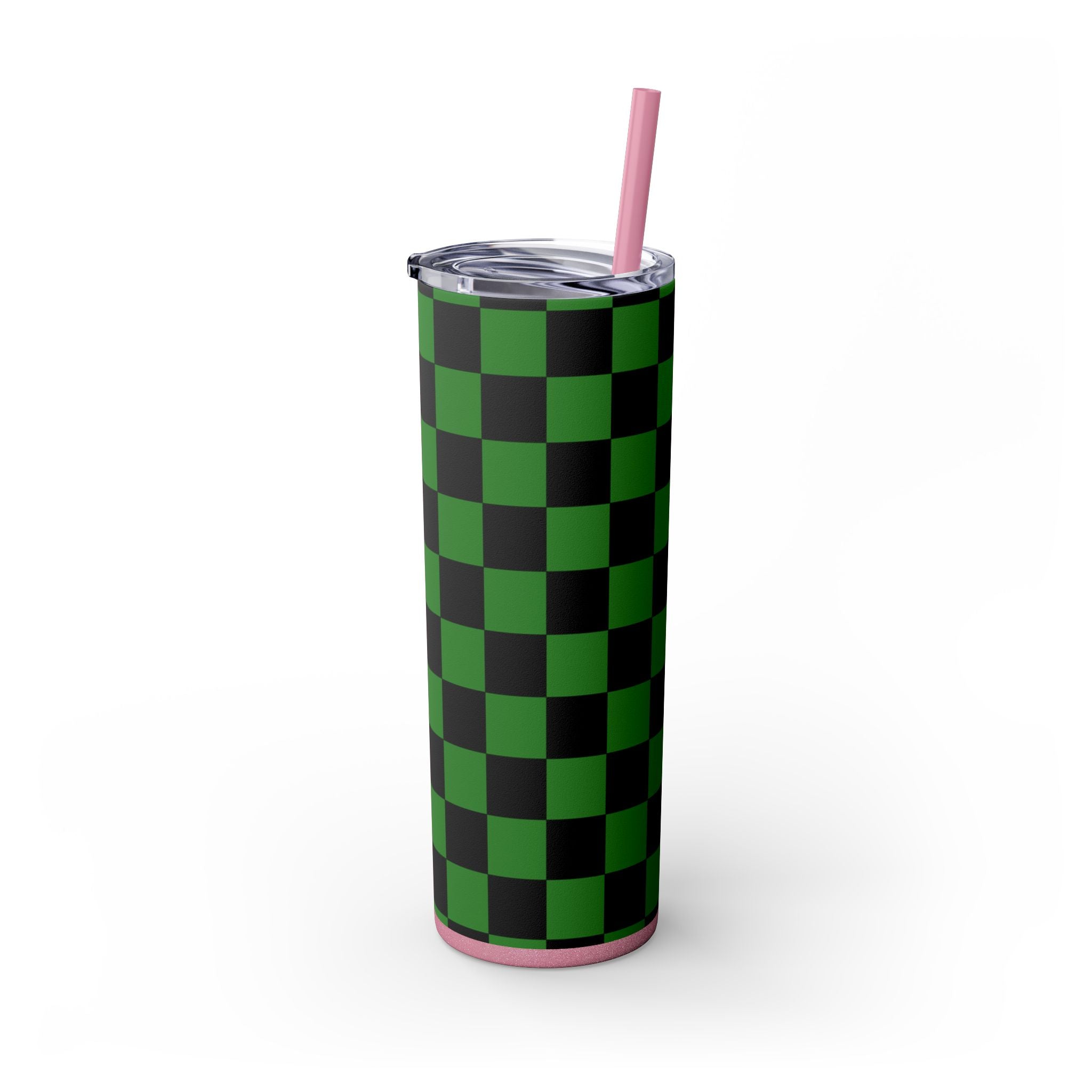 Checkerboard Green and Black Skinny Tumbler with Straw, 20oz, Artsulli - Art is Long, Life is Short, Mug, , , , , , , 