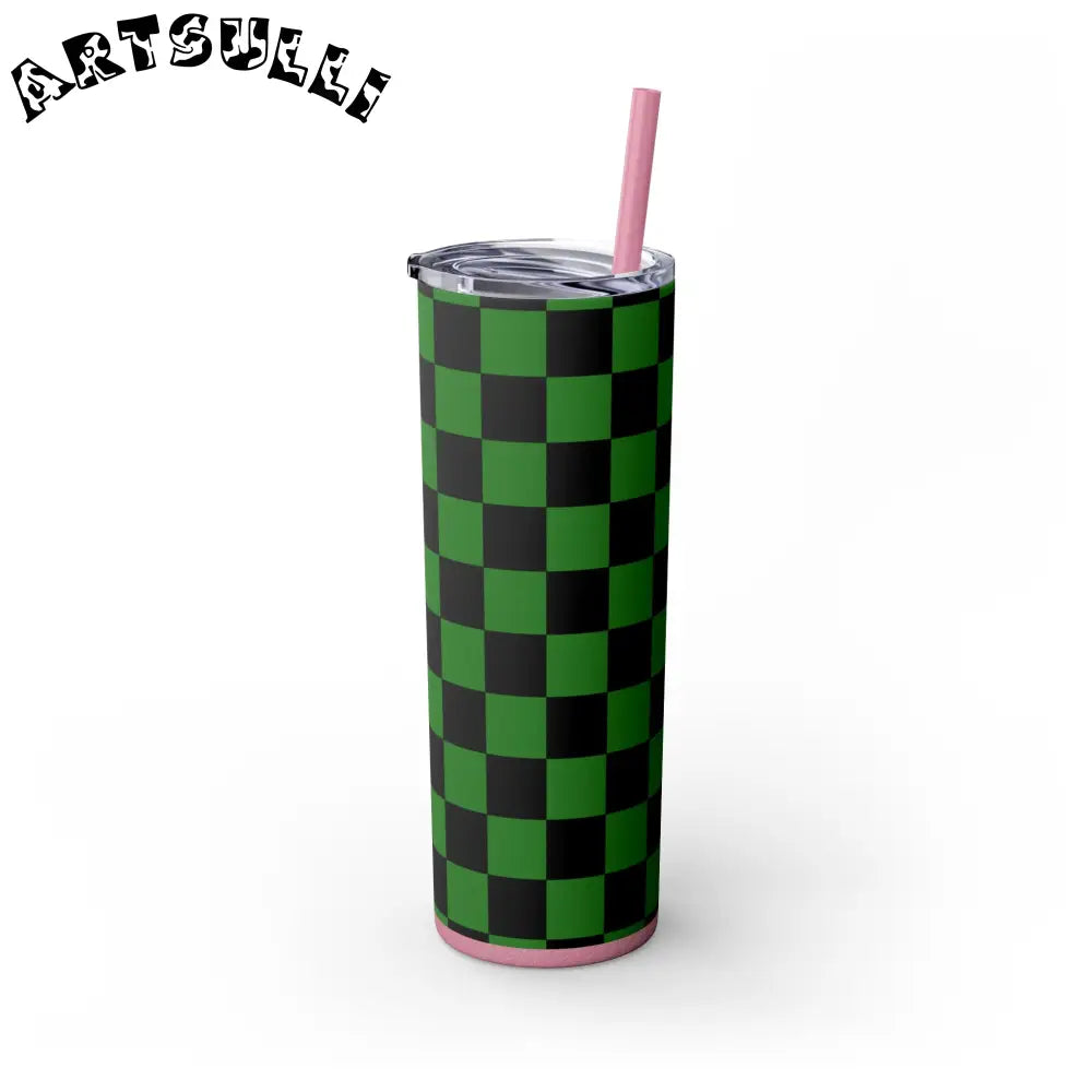JAKKOUTTHEBXX Checkerboard Green and Black Skinny Tumbler with Straw