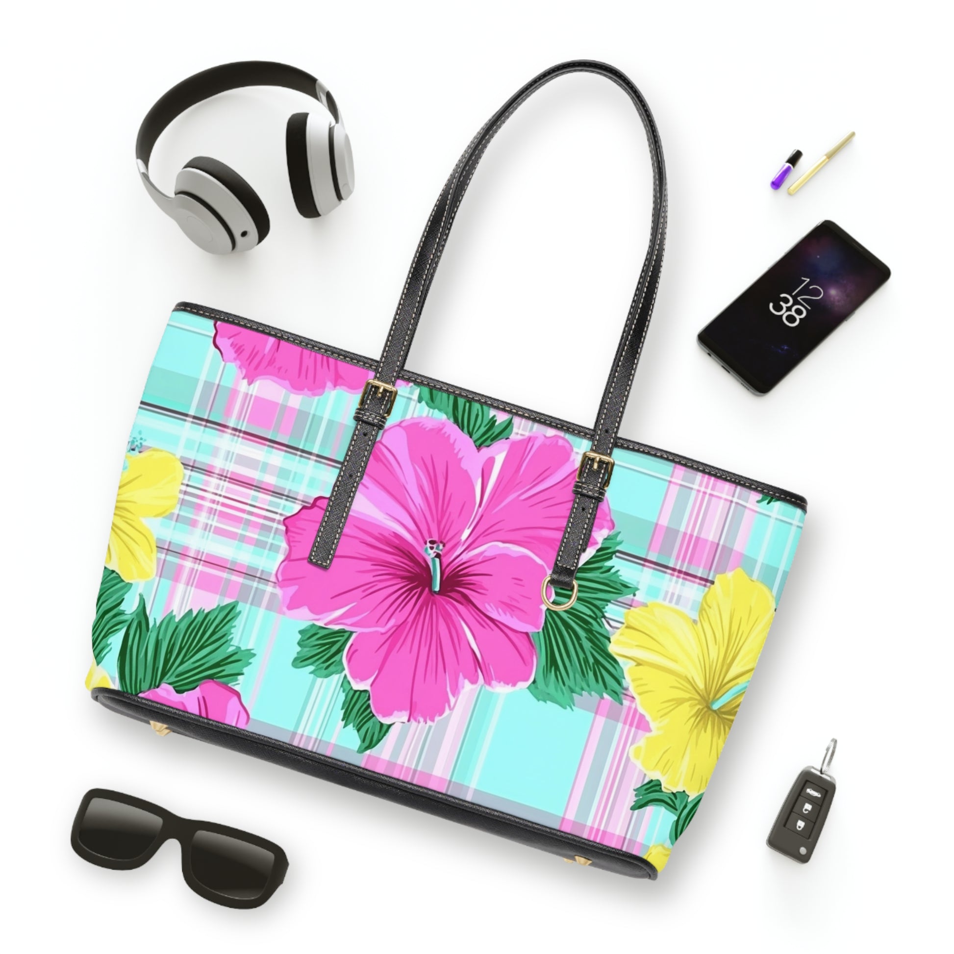 Plaid Hibiscus Pink and Yellow PU Leather Shoulder Bag, Artsulli - Art is Long, Life is Short, Bags, , , , , , , 
