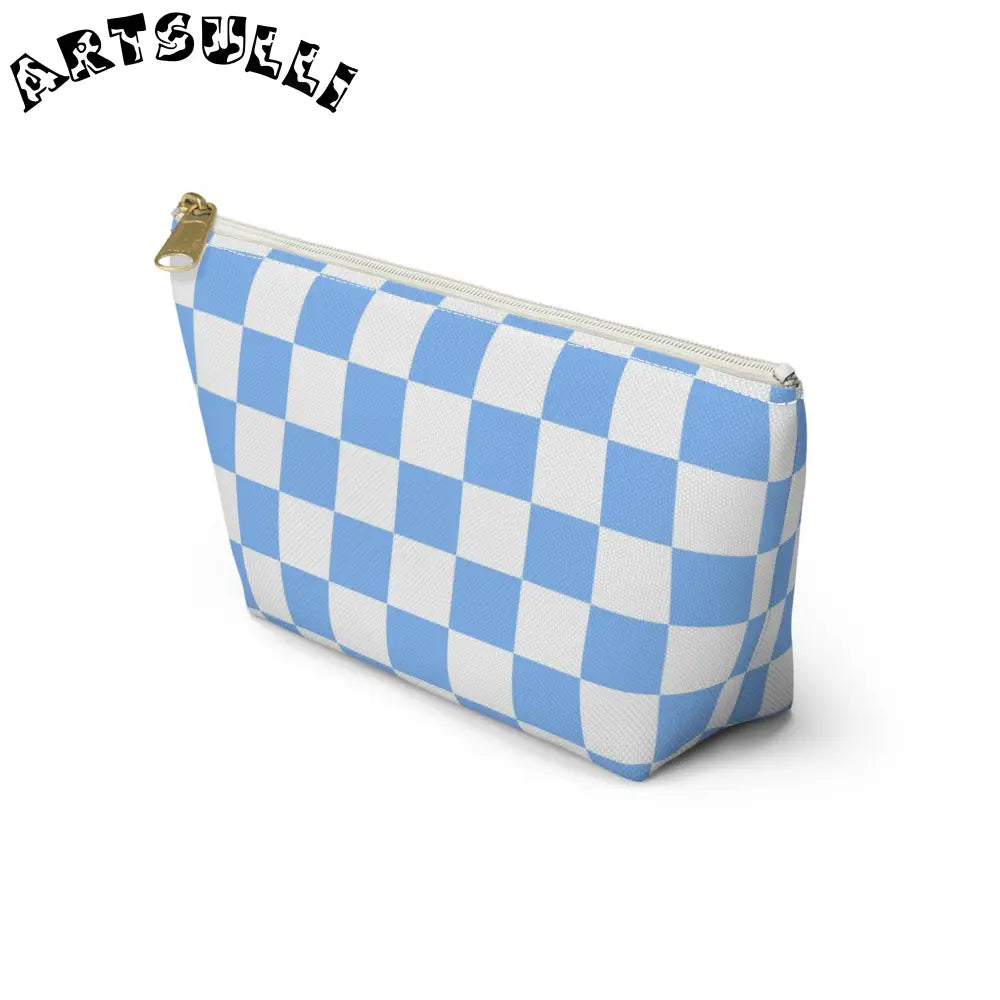 JAKKOUTTHEBXX Checkerboard White and Light Blue Accessory Pouch w