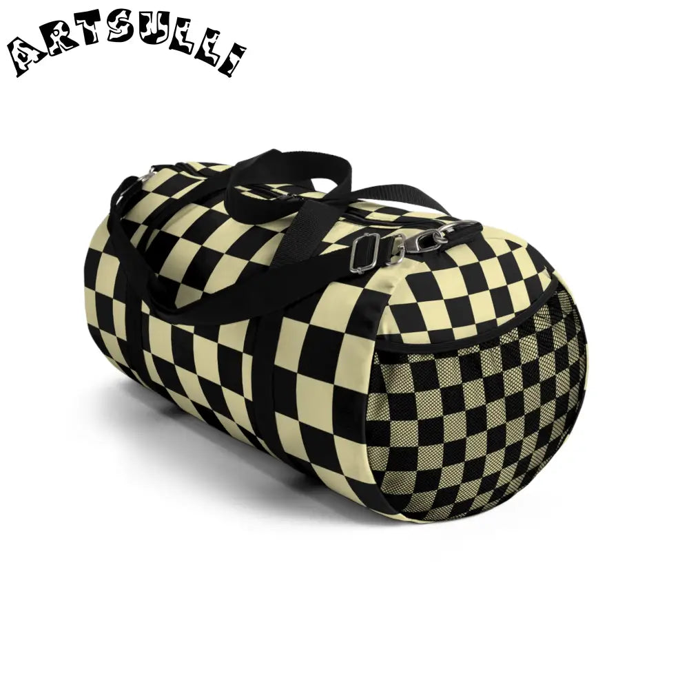 JAKKOUTTHEBXX Checkerboard Black and Yellow Duffel Bag JAKKOUTTHEBXX