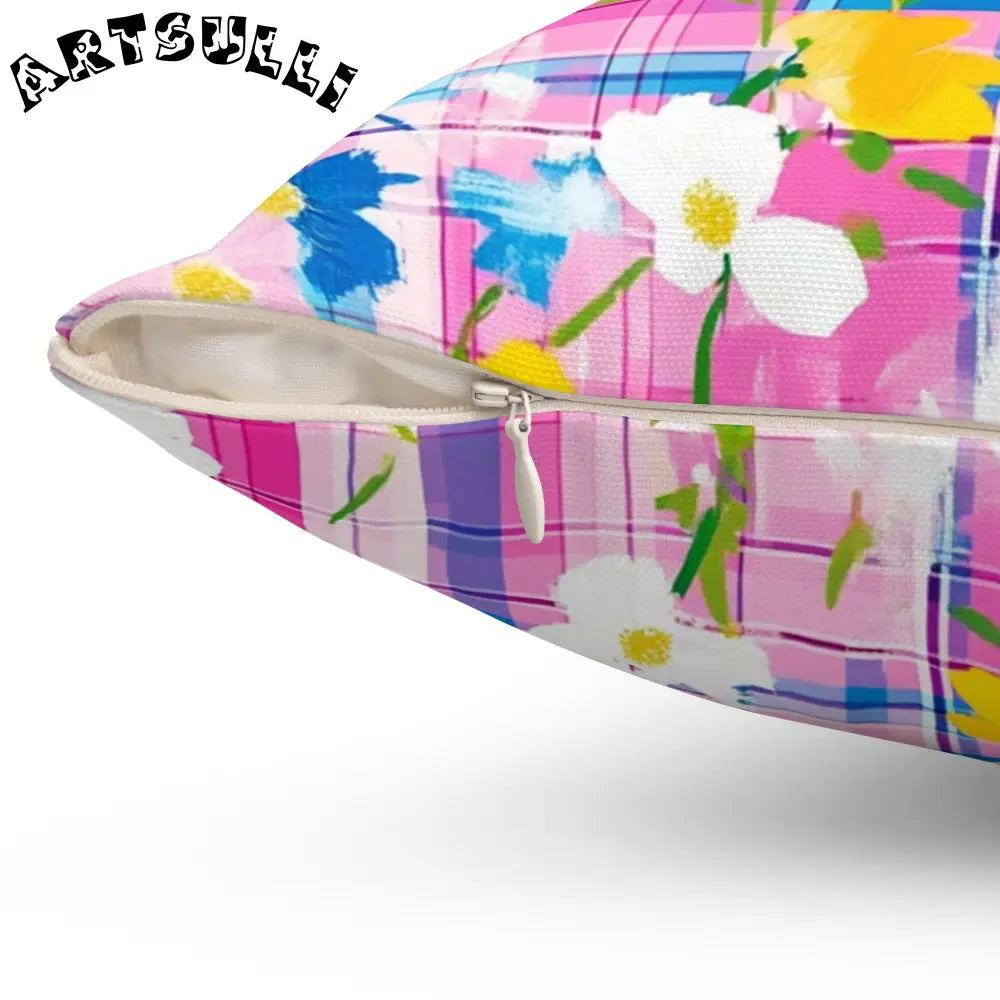 JAKKOUTTHEBXX Plaid Garden III Pink and Blue Spun Polyester Square