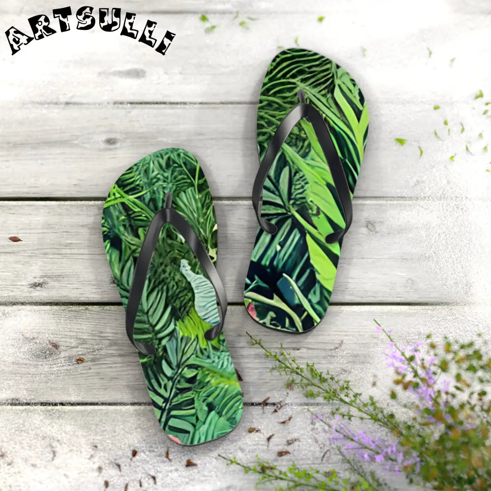 JAKKOUTTHEBXX Black Strapped Flip Flops with Green Leaf Pattern