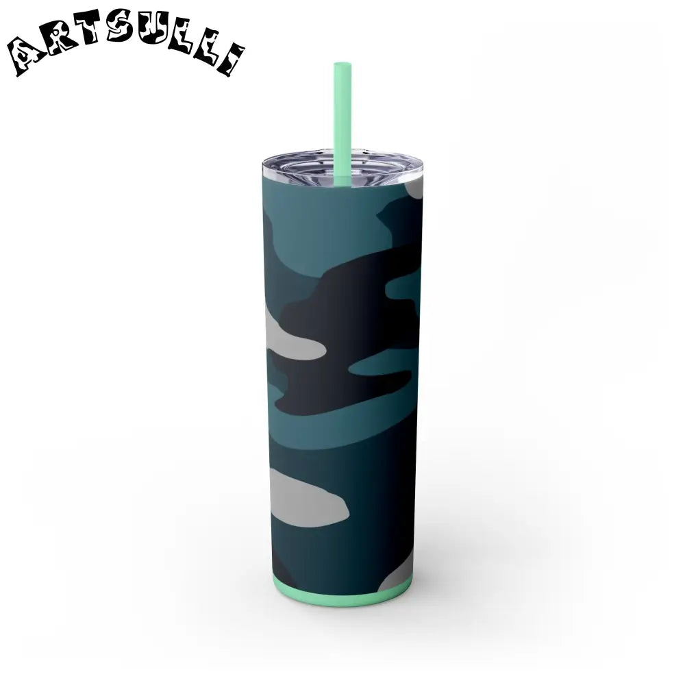 JAKKOUTTHEBXX Blue Camouflage Skinny Tumbler with Straw 20oz