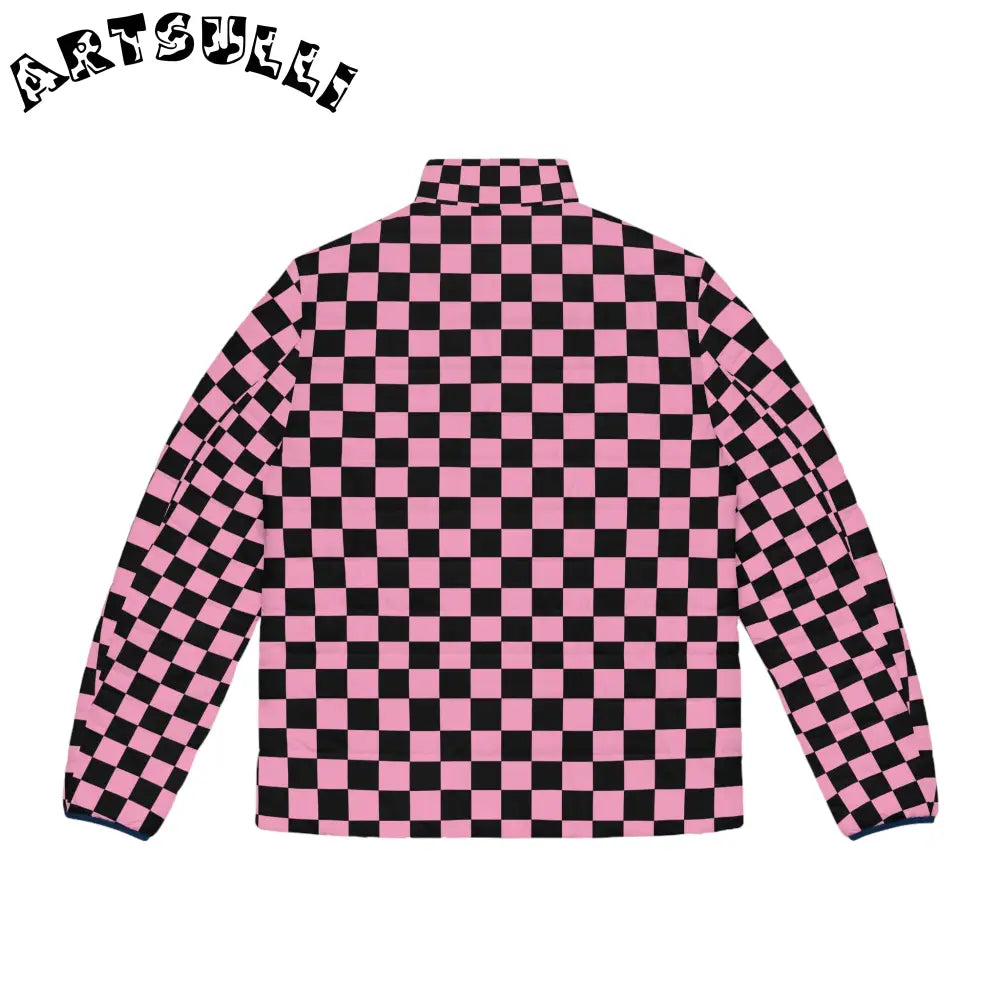 JAKKOUTTHEBXX Checkerboard Black and Pink Men’s Puffer Jacket (AOP)