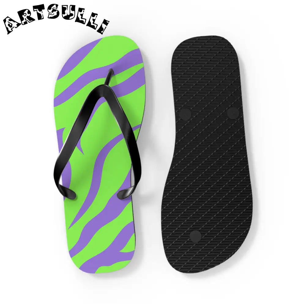 JAKKOUTTHEBXX Tyrannosaurus Print Green and Purple Flip Flops