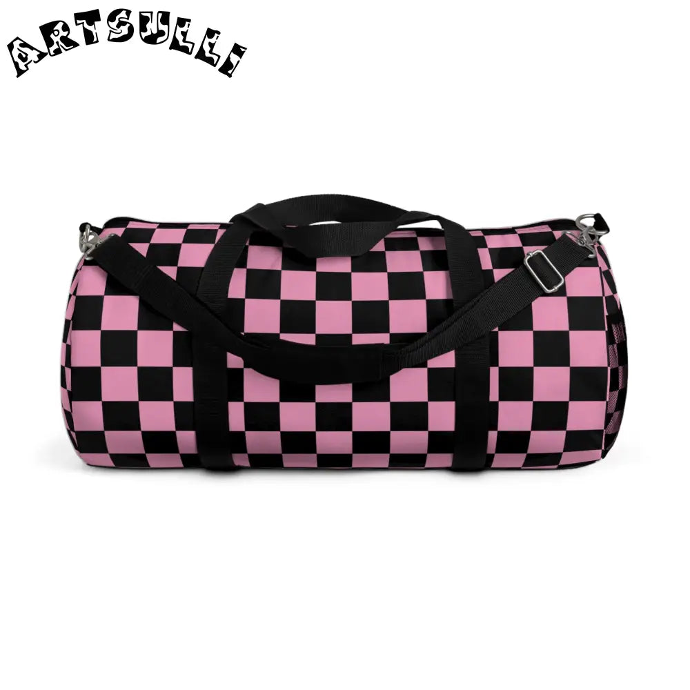 JAKKOUTTHEBXX Checkerboard II Black and Pink Duffel Bag