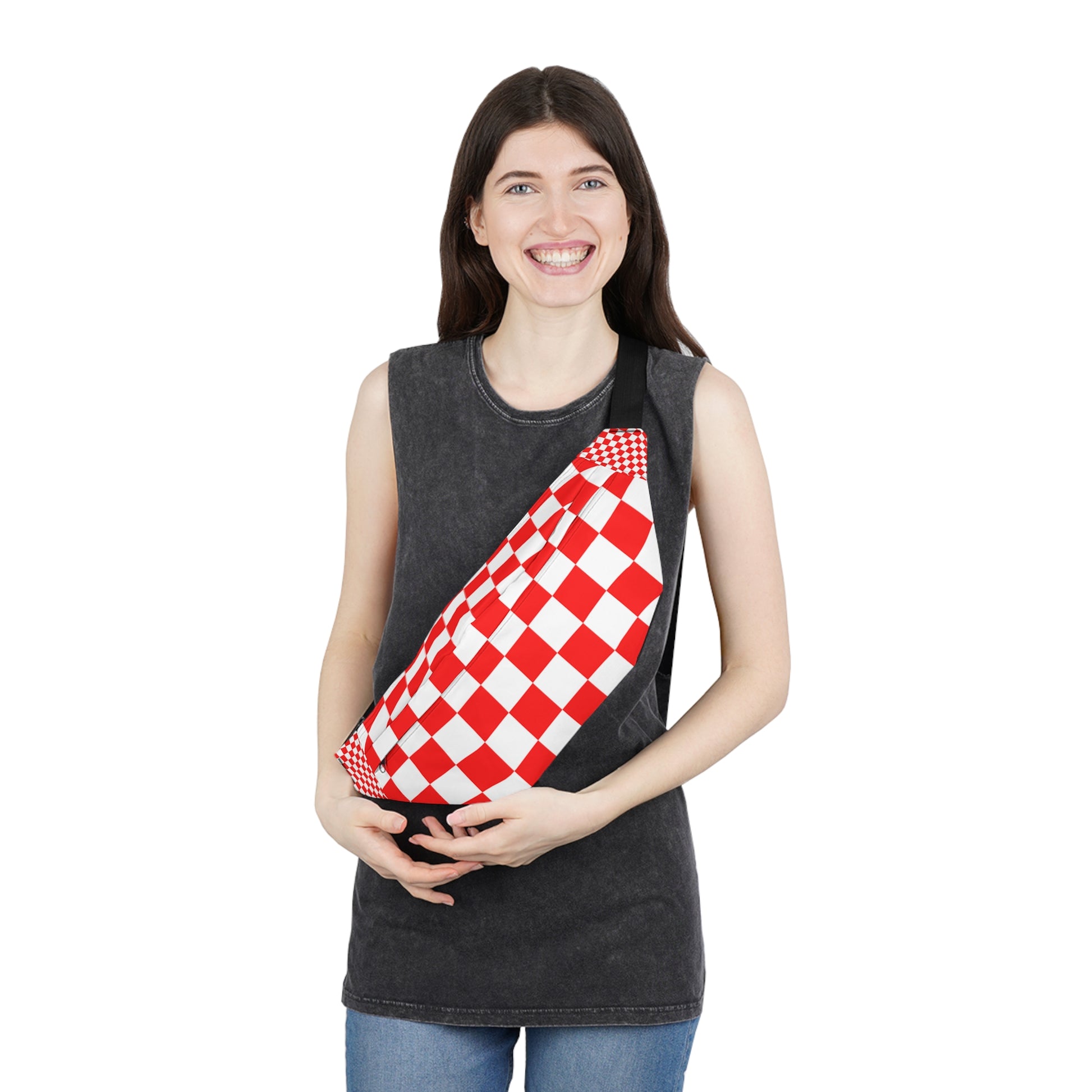 Checkerboard Red and White Large Fanny Pack, Artsulli - Art is Long, Life is Short, Bags, , , , , , , 