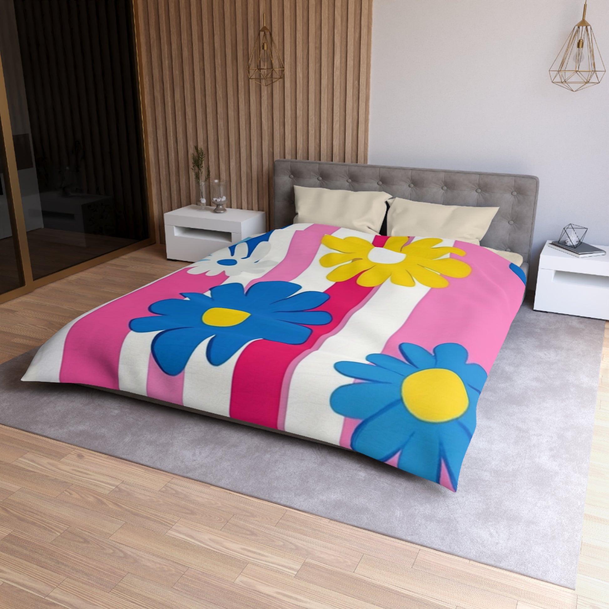 Flowers x Stripes Multi-Color Microfiber Duvet Cover, Artsulli - Art is Long, Life is Short, Home Decor, , , , , , , 