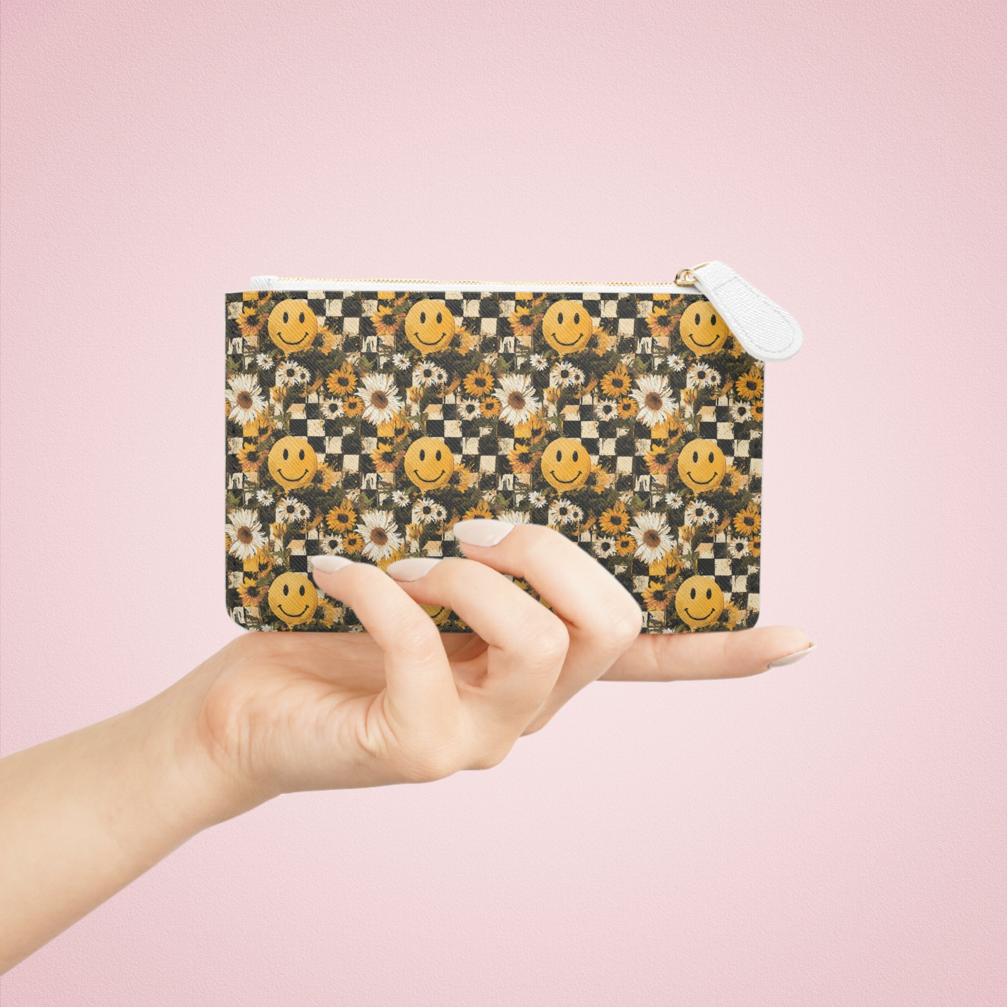 Smiley Face x Checkerboard x Sunflowers x Trippy x Vintage Black and Yellow Mini Clutch Bag, Artsulli - Art is Long, Life is Short, Bags, , , , , , , 