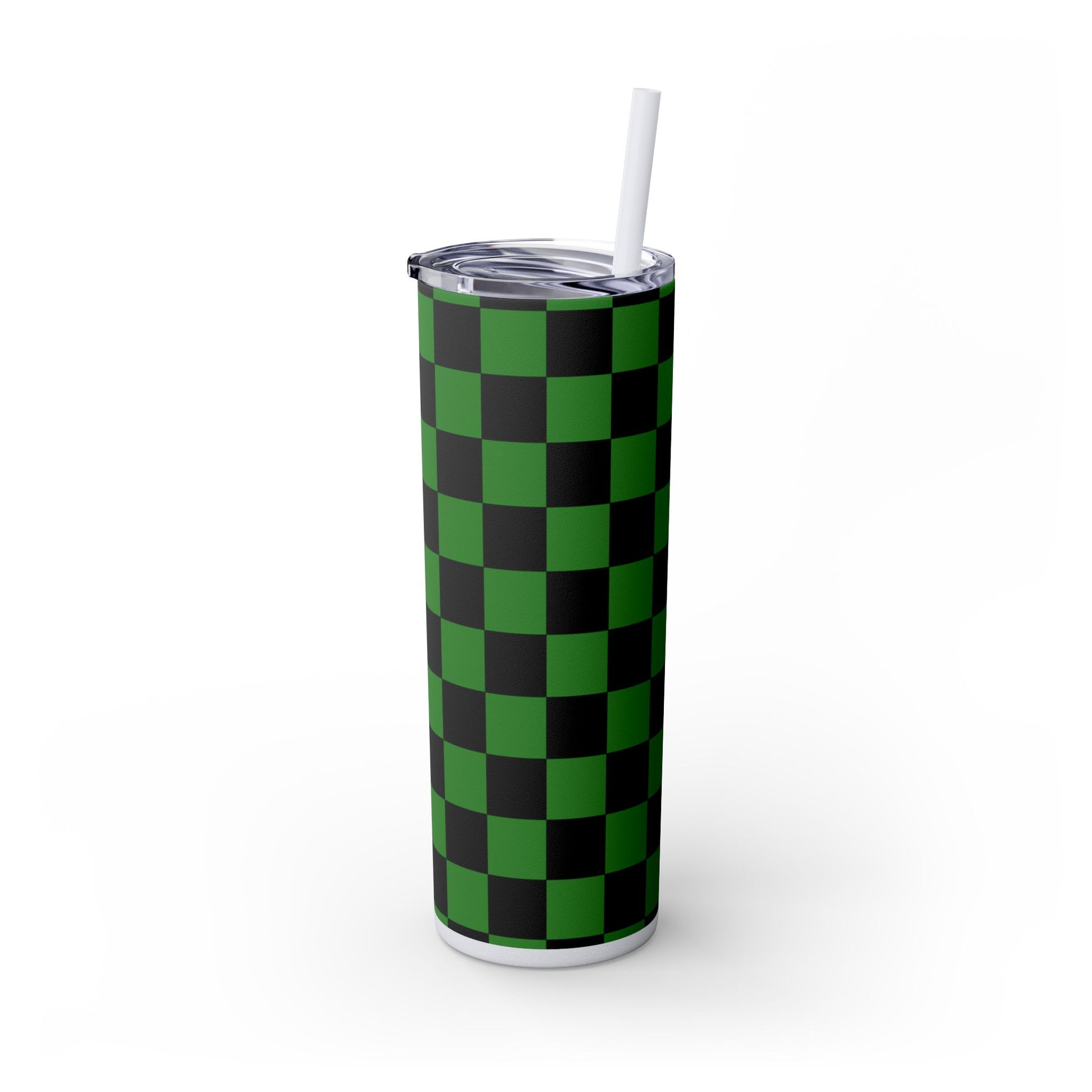 Checkerboard Green and Black Skinny Tumbler with Straw, 20oz, Artsulli - Art is Long, Life is Short, Mug, , , , , , , 
