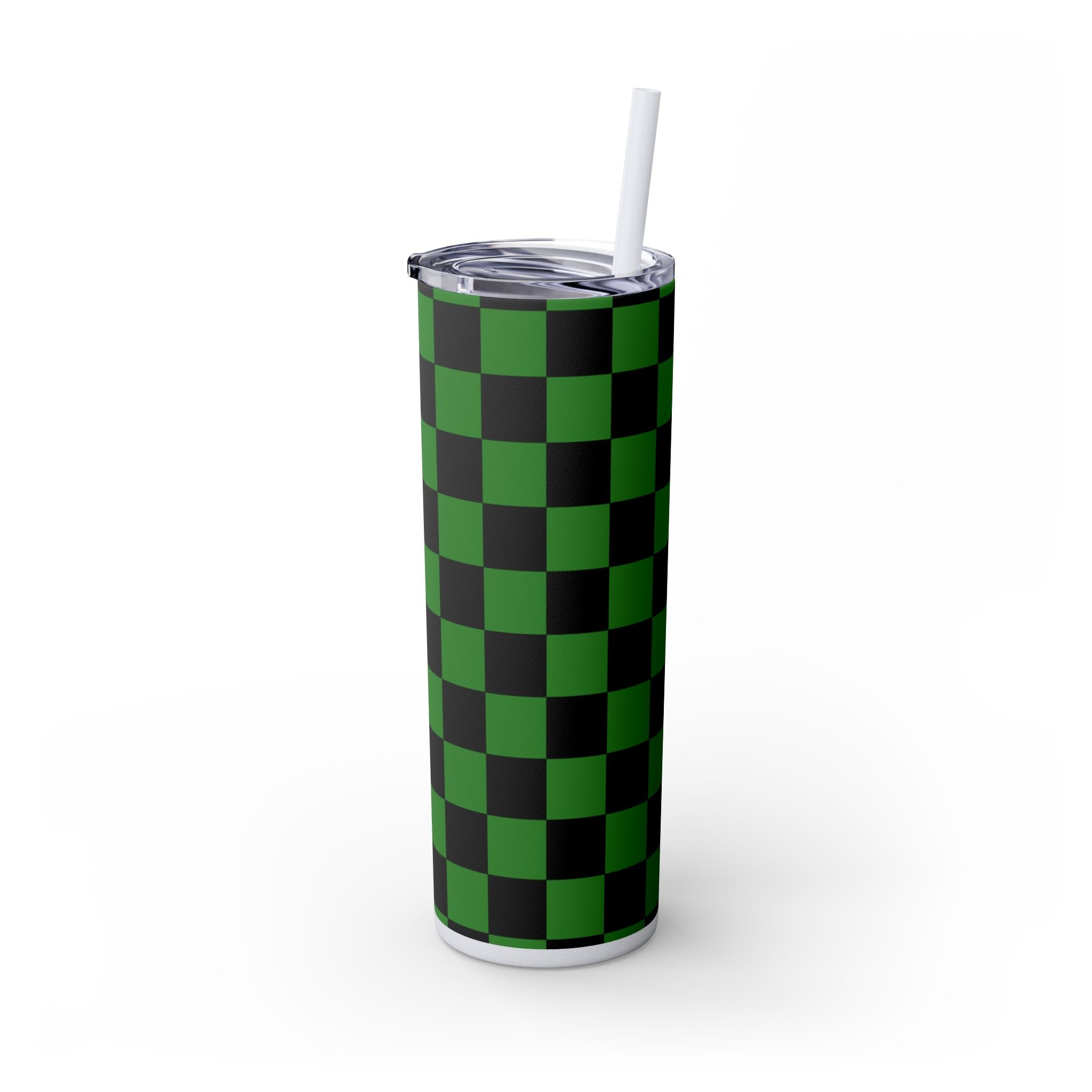 Checkerboard Green and Black Skinny Tumbler with Straw, 20oz, Artsulli - Art is Long, Life is Short, Mug, , , , , , , 