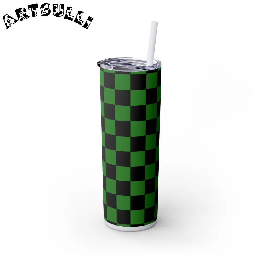 JAKKOUTTHEBXX Checkerboard Green and Black Skinny Tumbler with Straw