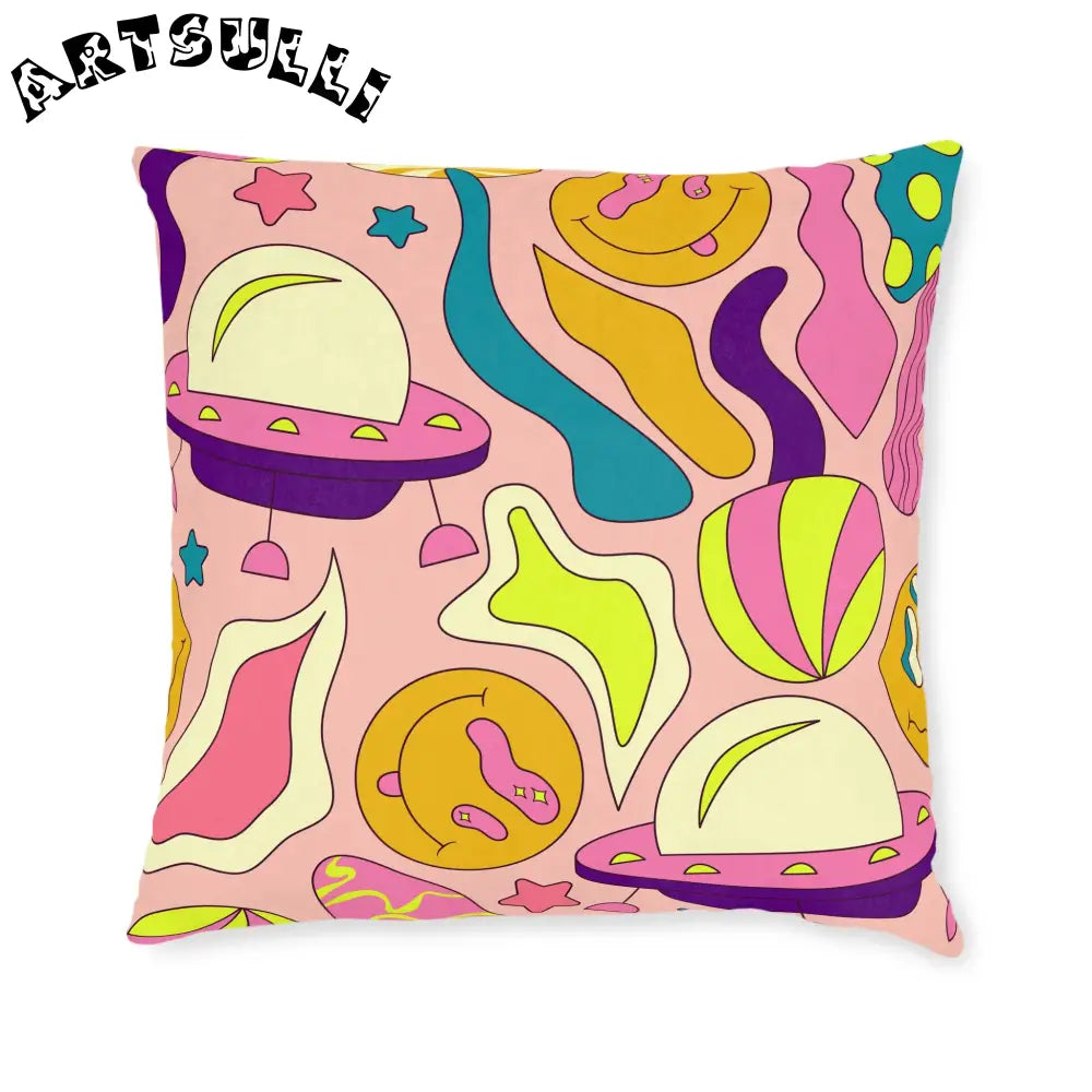 JAKKOUTTHEBXX Trippy Spaceships Pink Square Pillow JAKKOUTTHEBXX