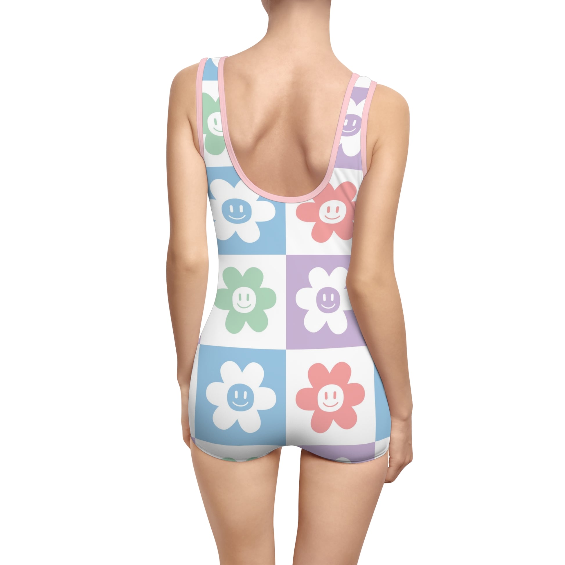 Chessboard x Smiley Face Flowers Multi-Color Women's Vintage Swimsuit (AOP), Artsulli - Art is Long, Life is Short, All Over Prints, , , , , , , 
