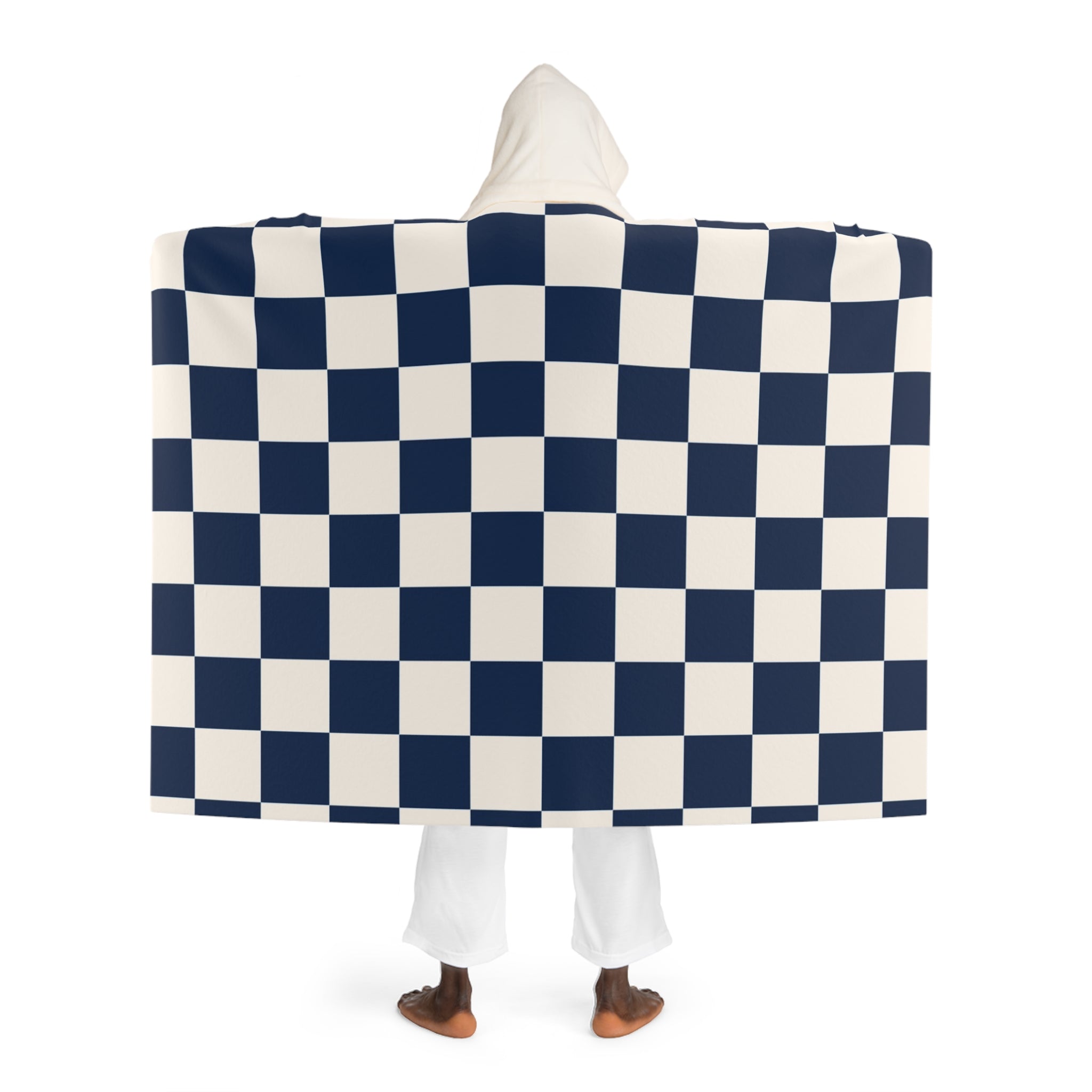 Checkerboard White and Navy Blue Hooded Sherpa Fleece Blanket, Artsulli - Art is Long, Life is Short, All Over Prints, , , , , , , 