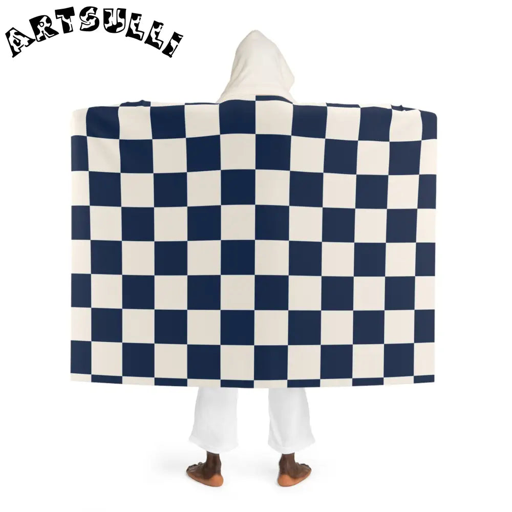 JAKKOUTTHEBXX Checkerboard White and Navy Blue Hooded Sherpa Fleece