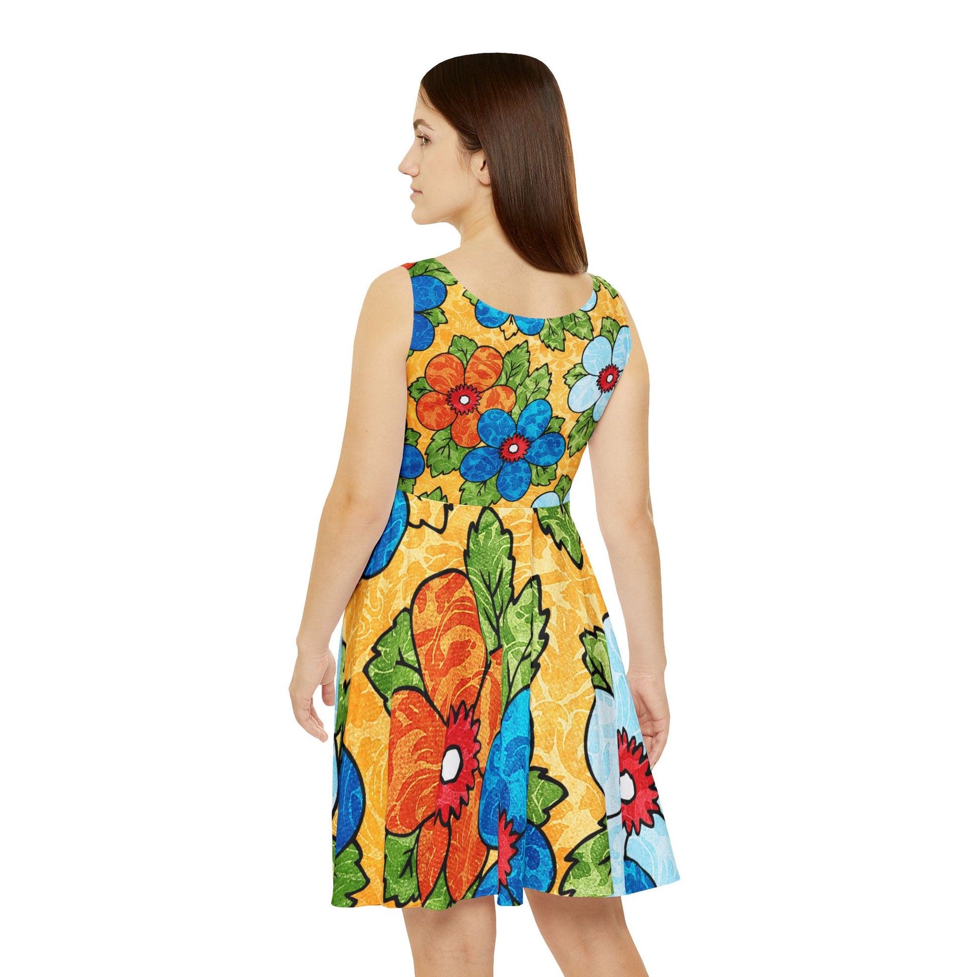 Groovy Yellow Floral Kl II Women's Skater Dress (AOP), Artsulli - Art is Long, Life is Short, All Over Prints, , , , , , , 