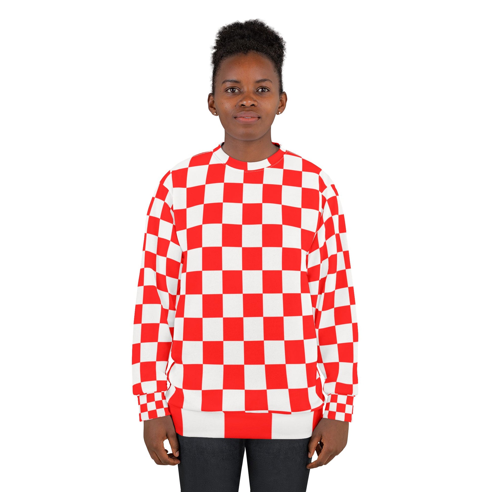 Checkerboard Red and White Unisex Sweatshirt (AOP), Artsulli - Art is Long, Life is Short, All Over Prints, , , , , , , 