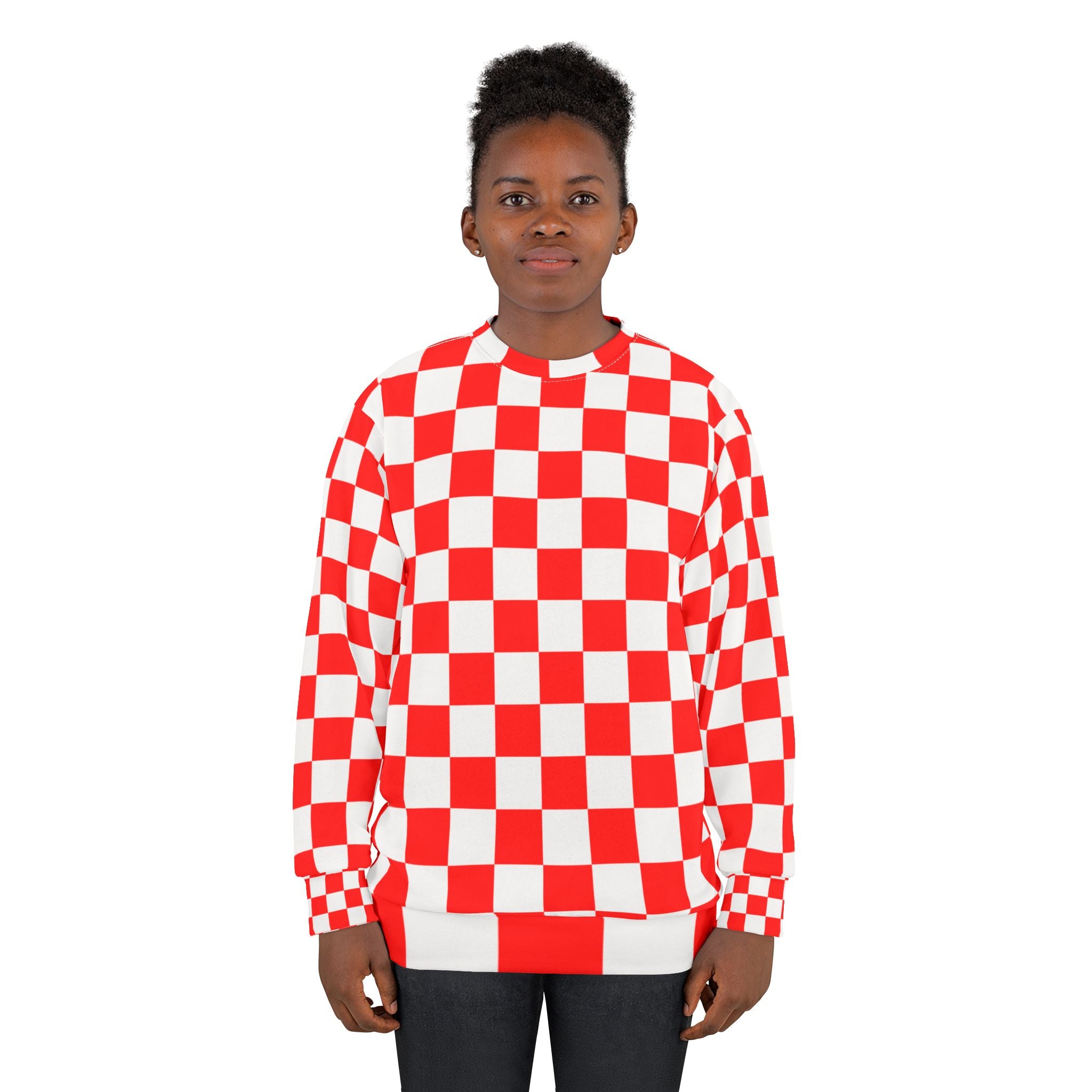 Checkerboard Red and White Unisex Sweatshirt (AOP), Artsulli - Art is Long, Life is Short, All Over Prints, , , , , , , 