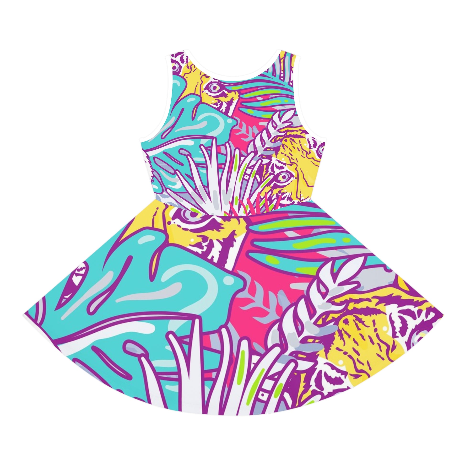 Tropical Floral Tigers Torquise and Purple Girls' Sleeveless Sundress (AOP), Artsulli - Art is Long, Life is Short, All Over Prints, , , , , , , 