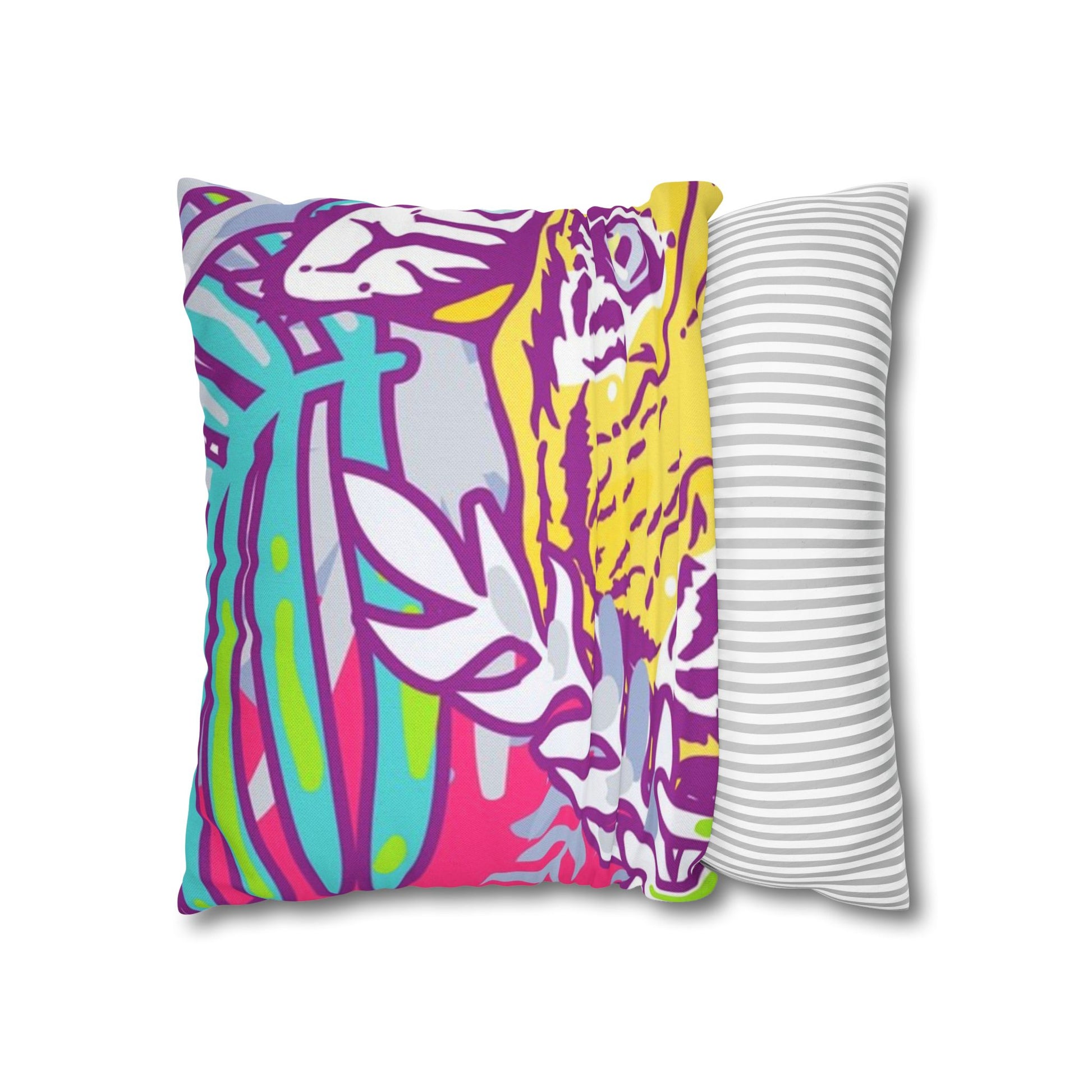 Tropical Floral Tigers Torquise and Purple Spun Polyester Square Pillowcase, Artsulli - Art is Long, Life is Short, Home Decor, , , , , , , 