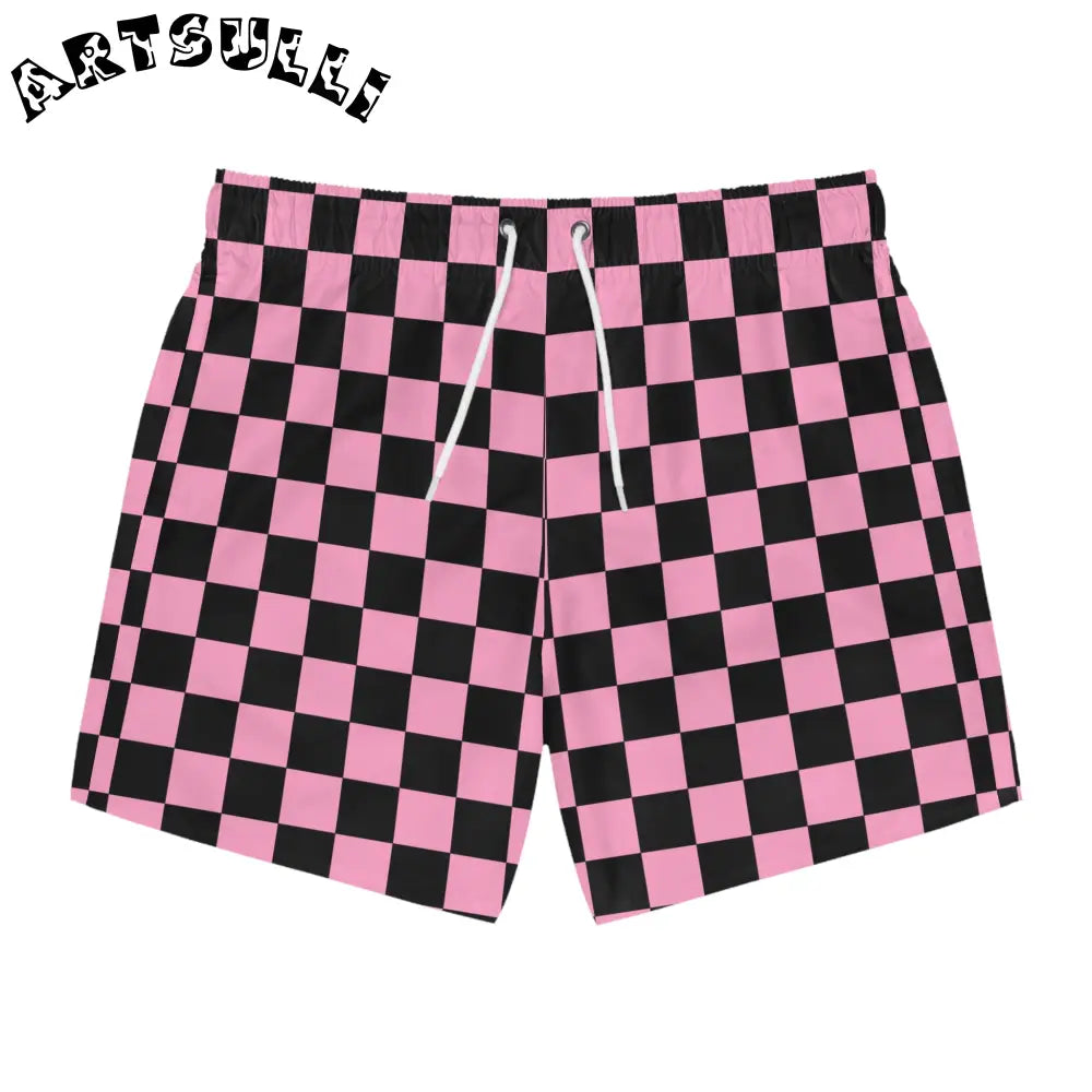 JAKKOUTTHEBXX Checkerboard II Black and Pink Swim Trunks (AOP)
