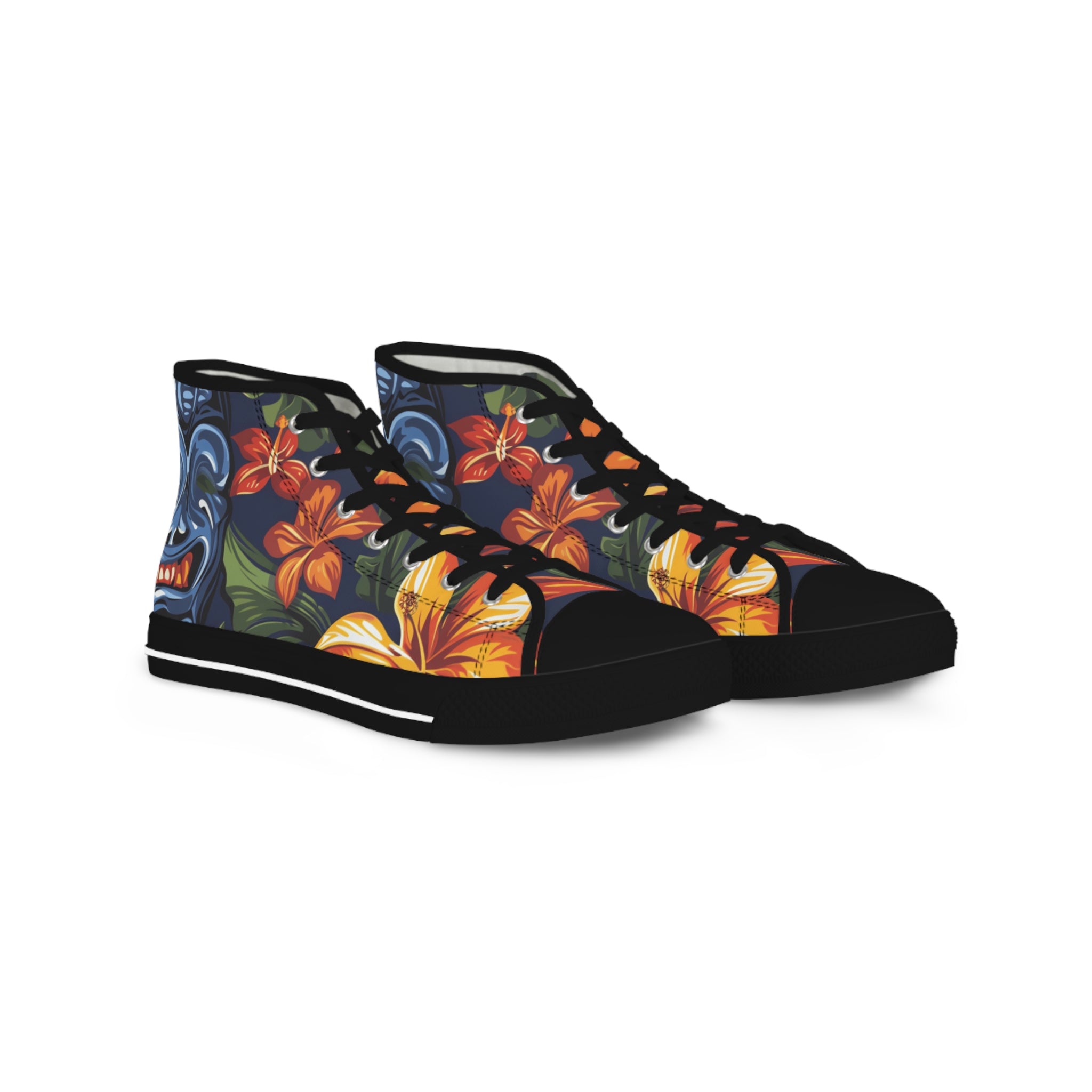 Tiki Bloom Navy Men's High Top Sneakers, Artsulli - Art is Long, Life is Short, Shoes, Size, US 5, Color, Black sole, , , 22263625774420744950