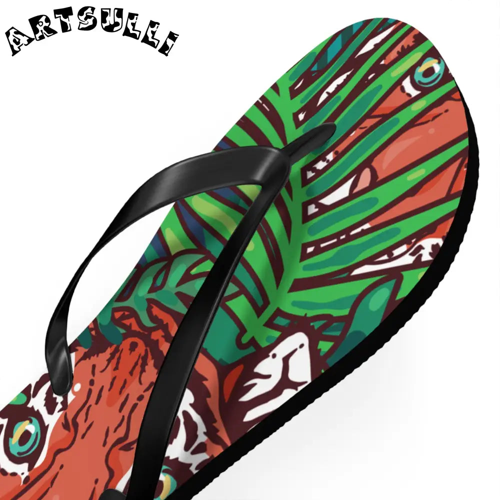 JAKKOUTTHEBXX Tropical Jungle Tigers Blue and Green Flip Flops