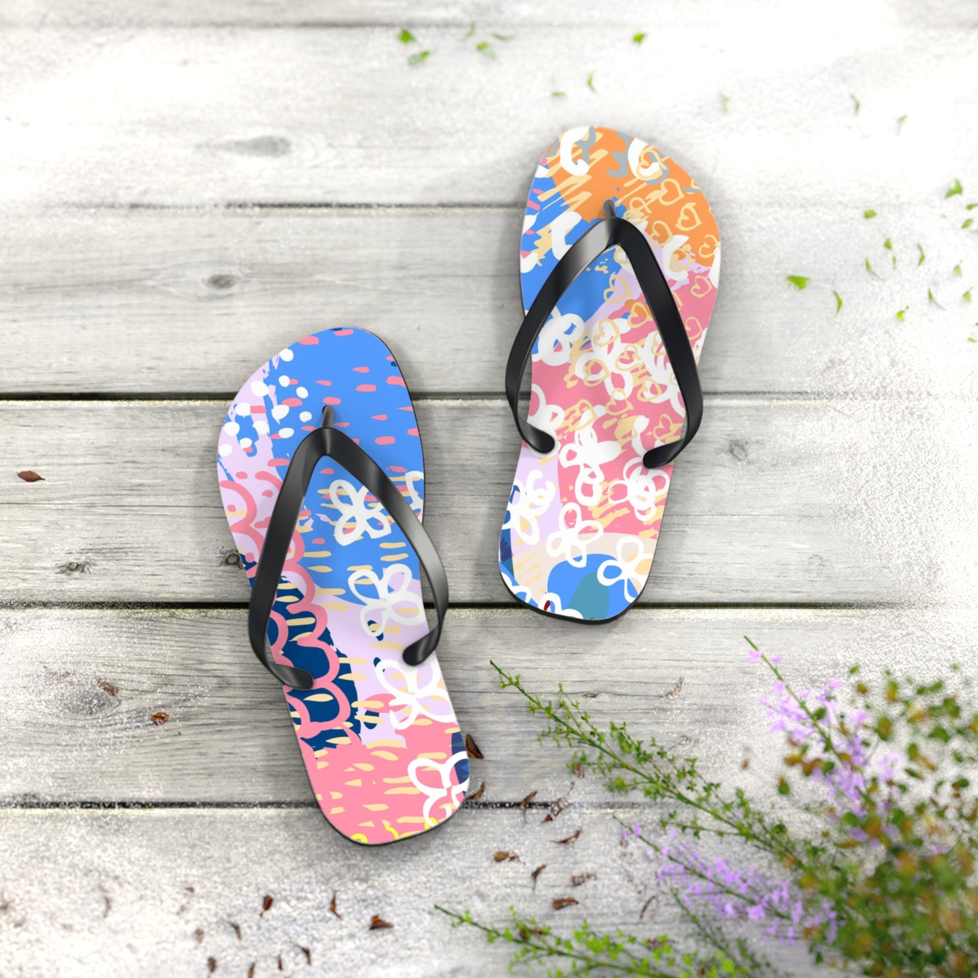 Flowers x Doodles x Hearts Multi-Color Flip Flops, Artsulli - Art is Long, Life is Short, Shoes, , , , , , , 