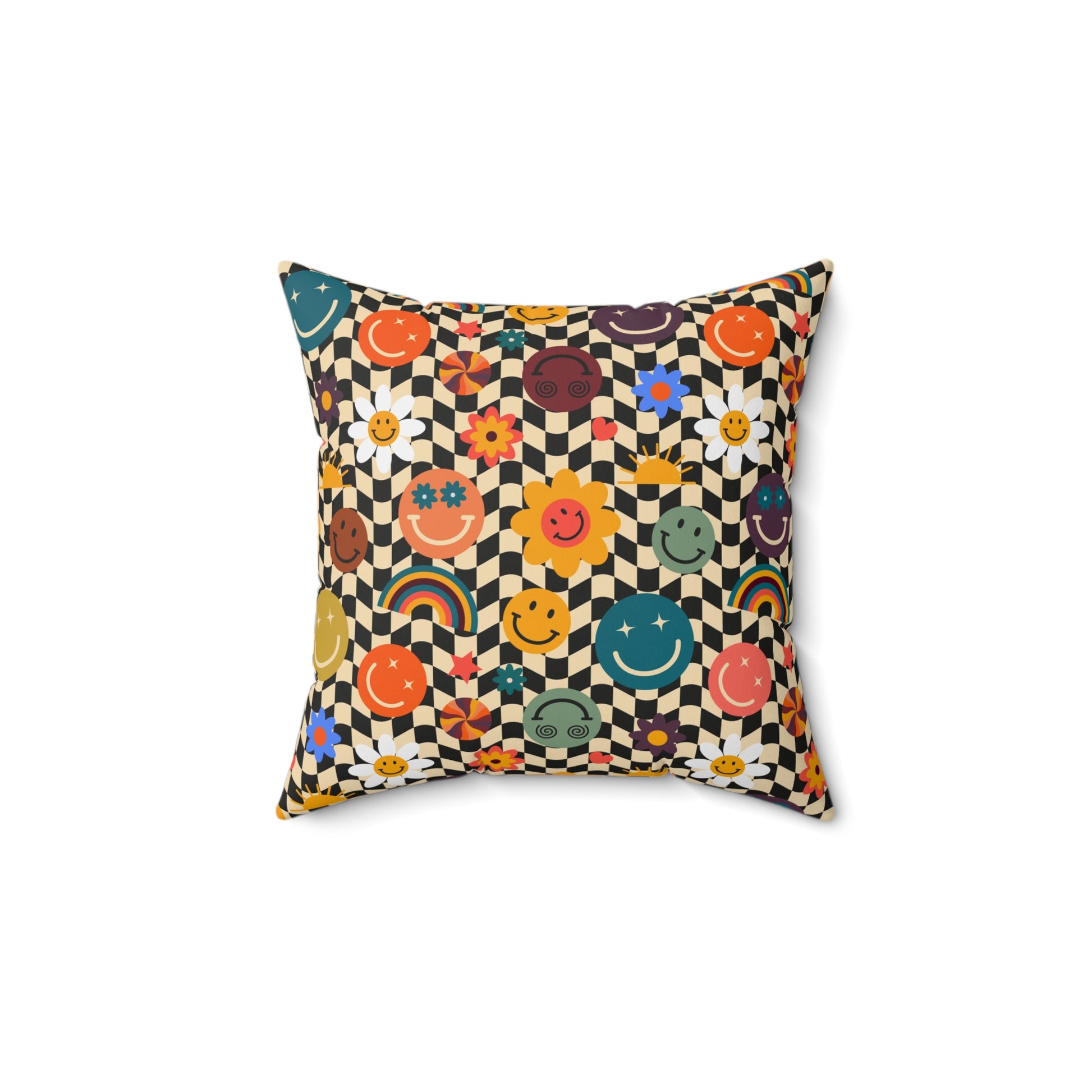 Trippy x Wavy Checkerboard x Smiley Face x Rainbow x Flowers Multi-Color Spun Polyester Square Pillow, Artsulli - Art is Long, Life is Short, Home Decor, Size, 14" × 14", , , , , 34347840812917866466