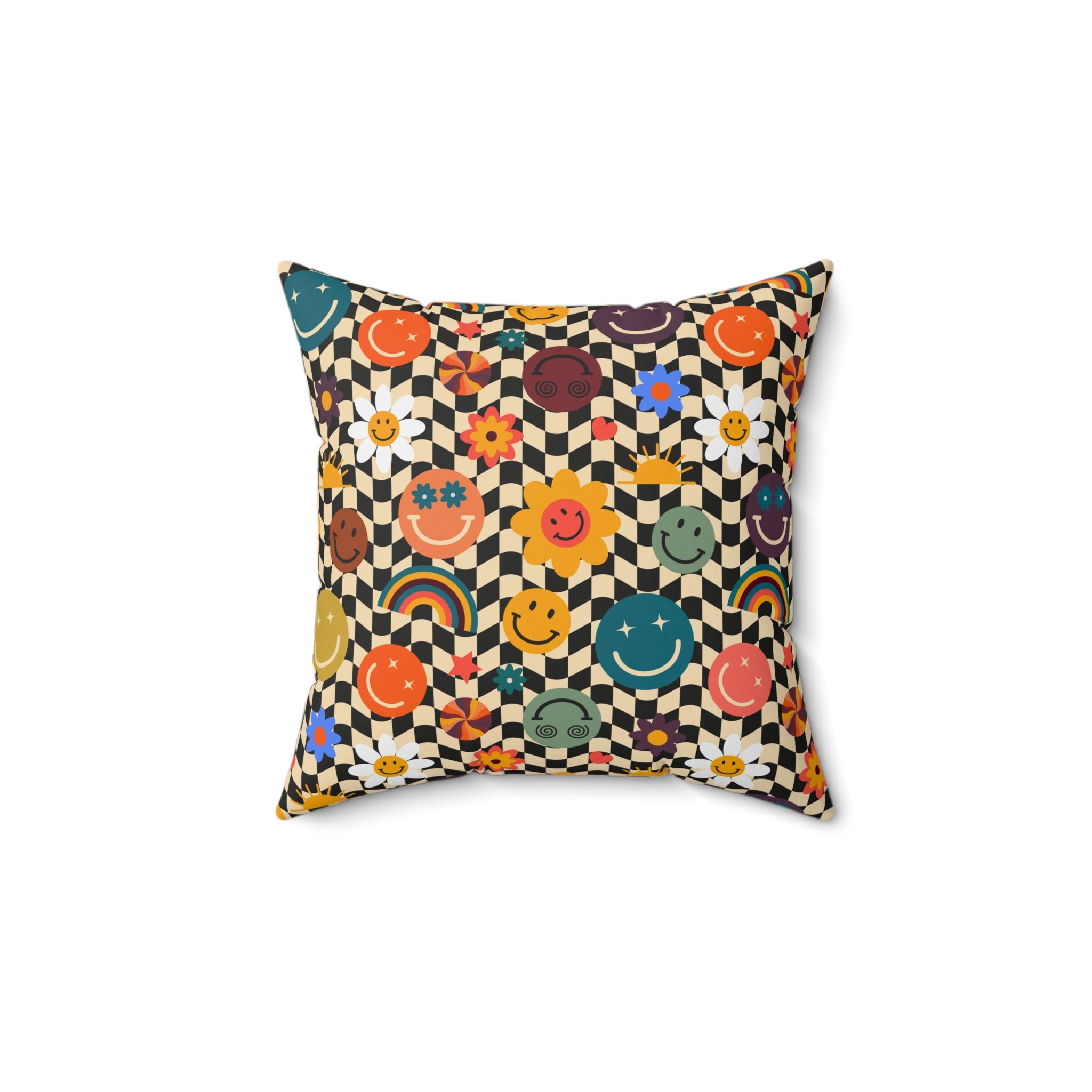 Trippy x Wavy Checkerboard x Smiley Face x Rainbow x Flowers Multi-Color Spun Polyester Square Pillow, Artsulli - Art is Long, Life is Short, Home Decor, Size, 14" × 14", , , , , 34347840812917866466