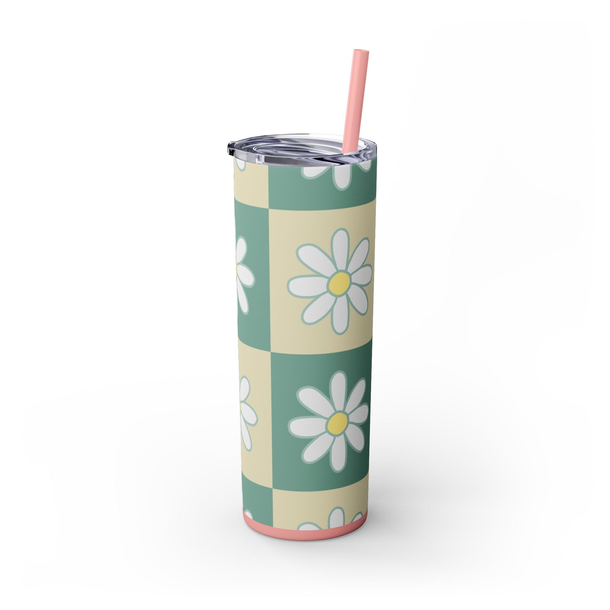 Retro Daisy Checkerboard Green and Tan Skinny Tumbler with Straw, 20oz, Artsulli - Art is Long, Life is Short, Mug, , , , , , , 