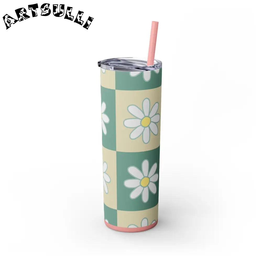JAKKOUTTHEBXX Retro Daisy Checkerboard Green and Tan Skinny Tumbler