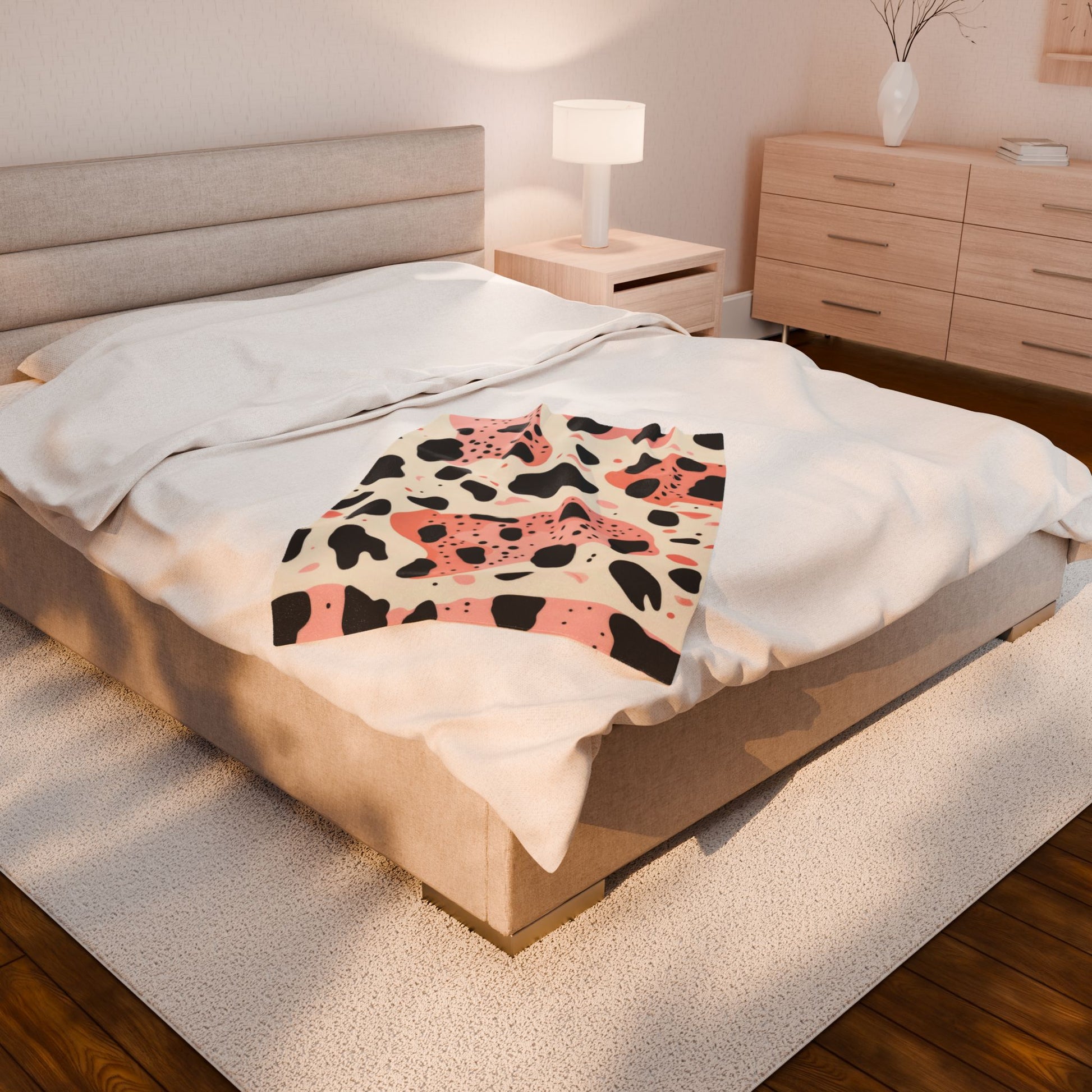Organic Cow Print Cream and Pink Velveteen Plush Blanket, Artsulli - Art is Long, Life is Short, All Over Prints, , , , , , , 