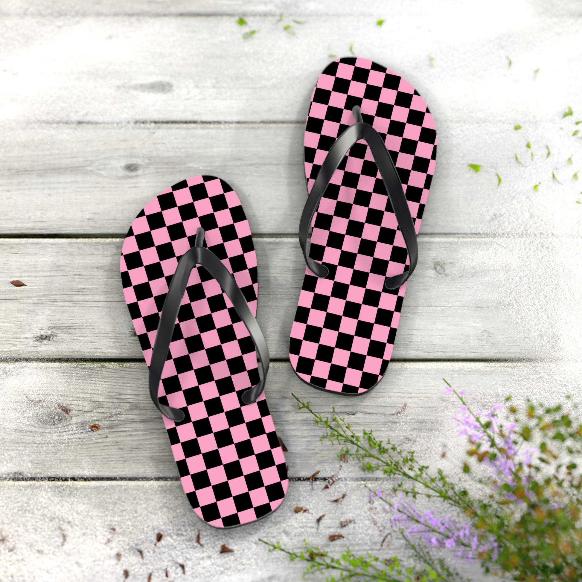 Checkerboard Black and Pink Flip Flops, Artsulli - Art is Long, Life is Short, Shoes, , , , , , , 