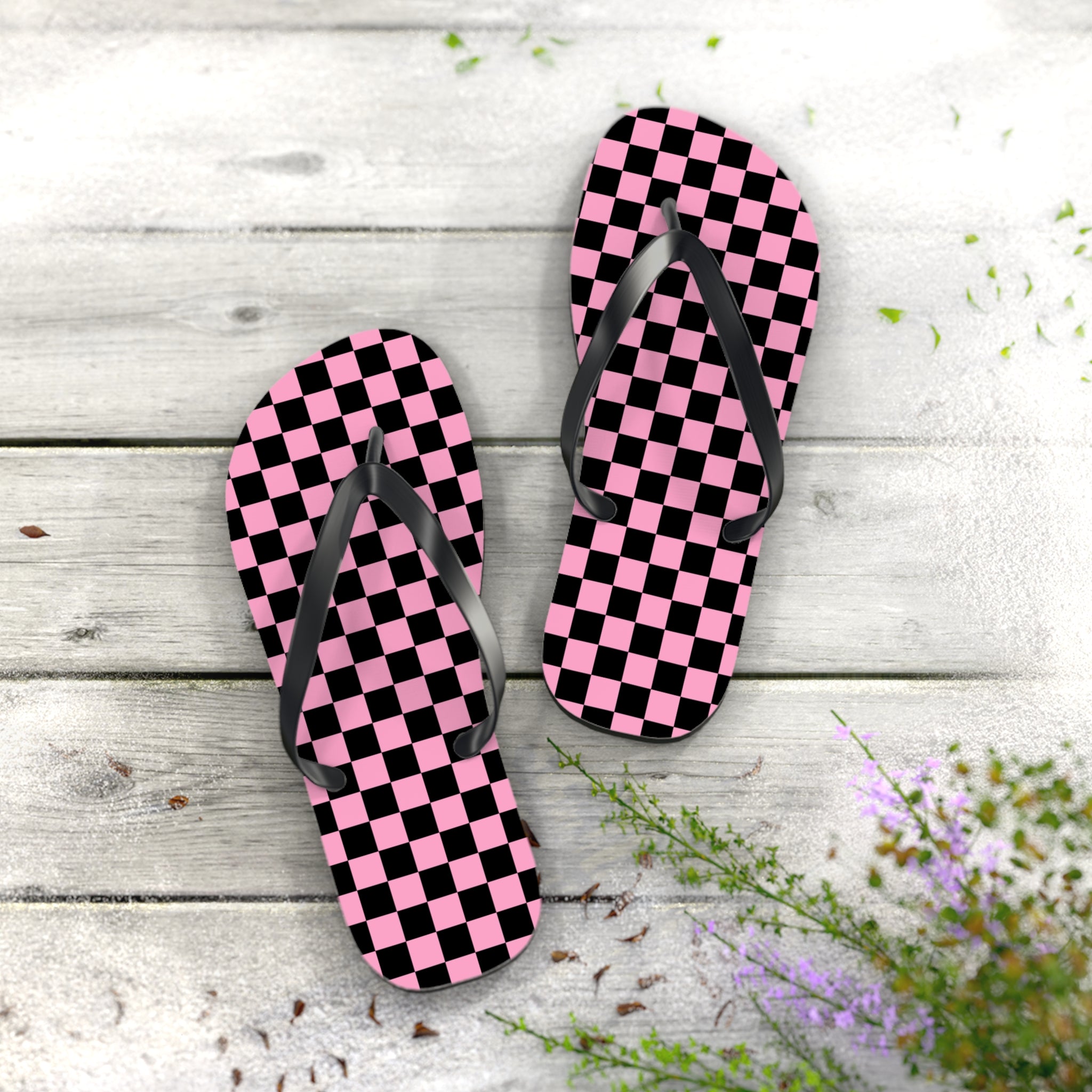 Checkerboard Black and Pink Flip Flops, Artsulli - Art is Long, Life is Short, Shoes, , , , , , , 