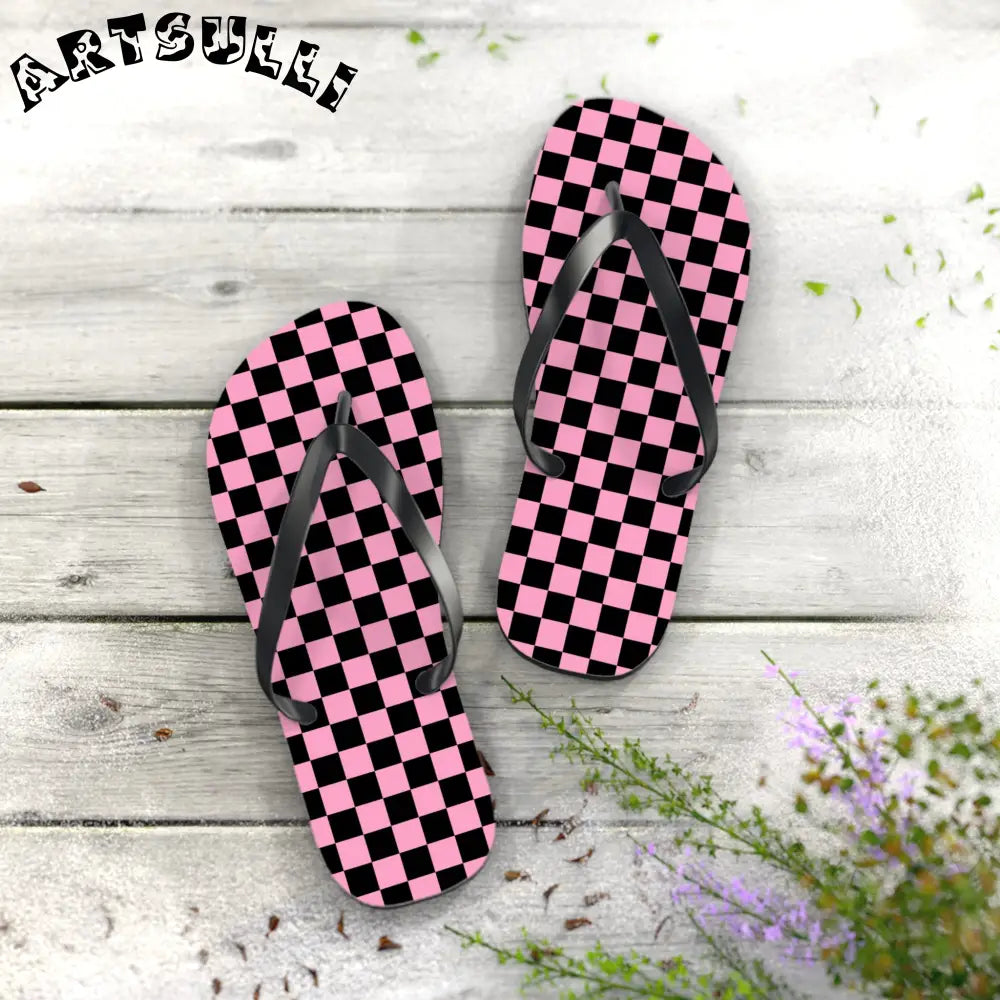 JAKKOUTTHEBXX Checkerboard Black and Pink Flip Flops JAKKOUTTHEBXX