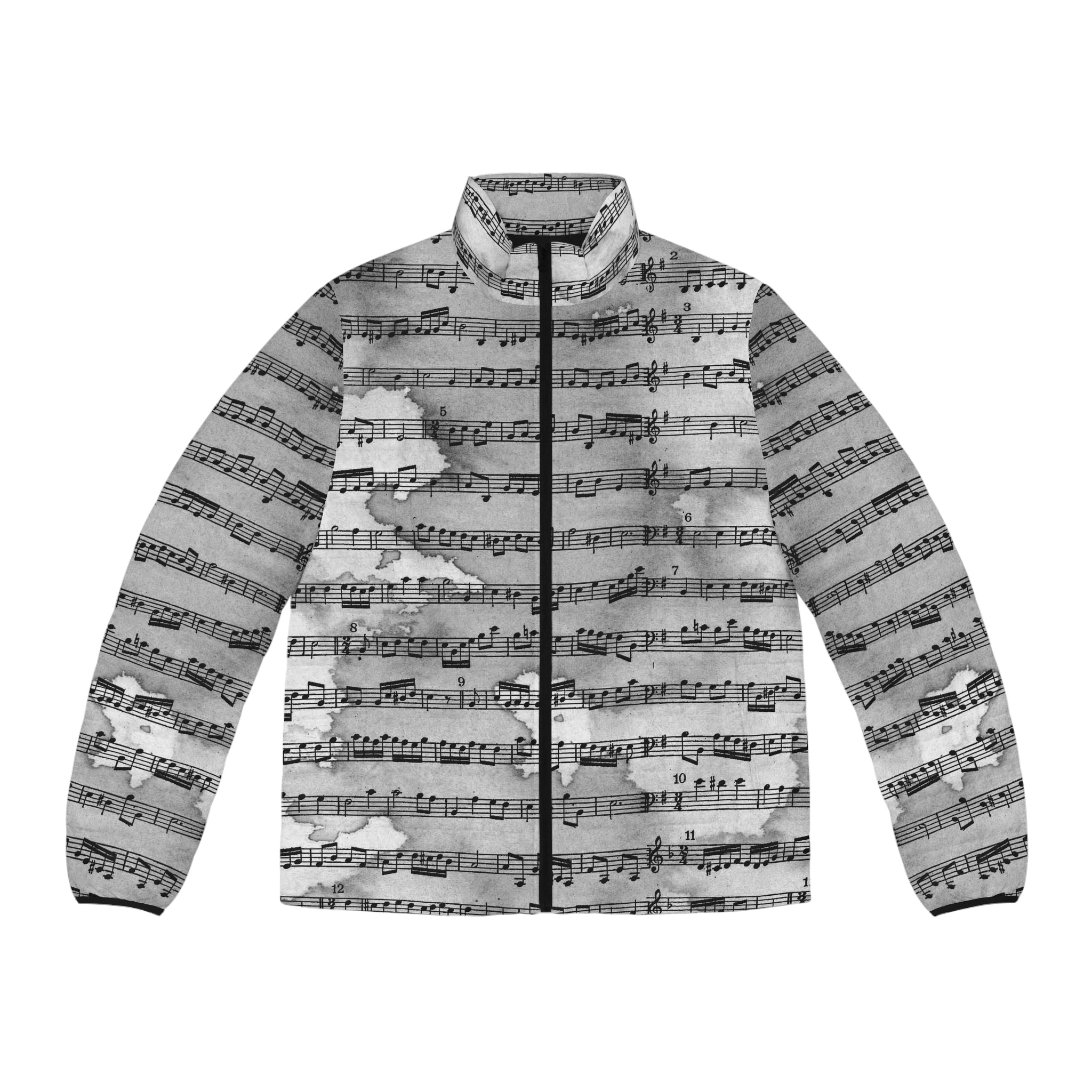 Drip Spill Type Beat Sheet Music Black Men's Puffer Jacket (AOP), Artsulli - Art is Long, Life is Short, All Over Prints, Size, S, Color, Black zipper, , , 29305864782013862578